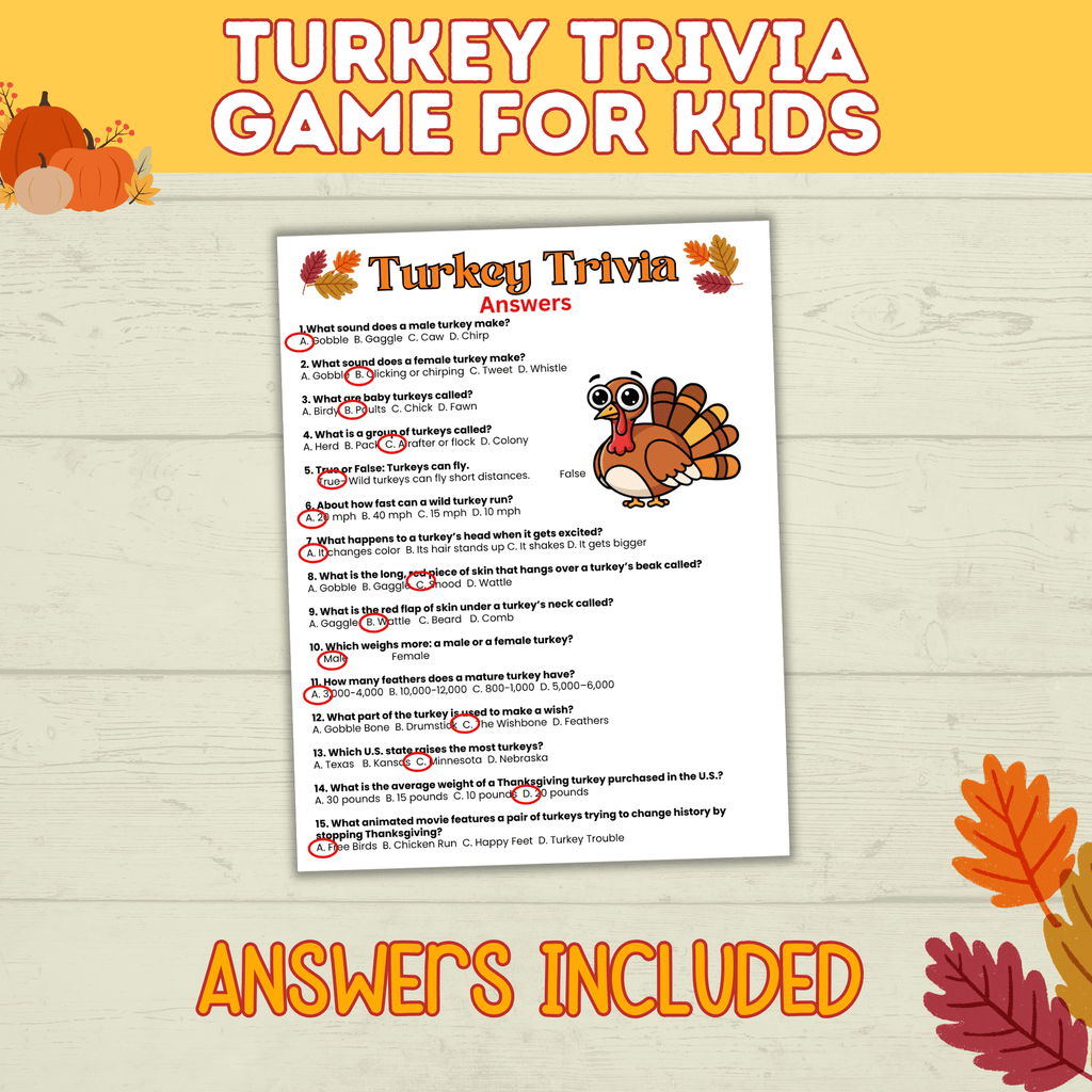 Turkey Trivia | Thanksgiving Trivia | Trivia for Kids | Digital Download | Thanksgiving Games | Thanksgiving Activities | Thanksgiving