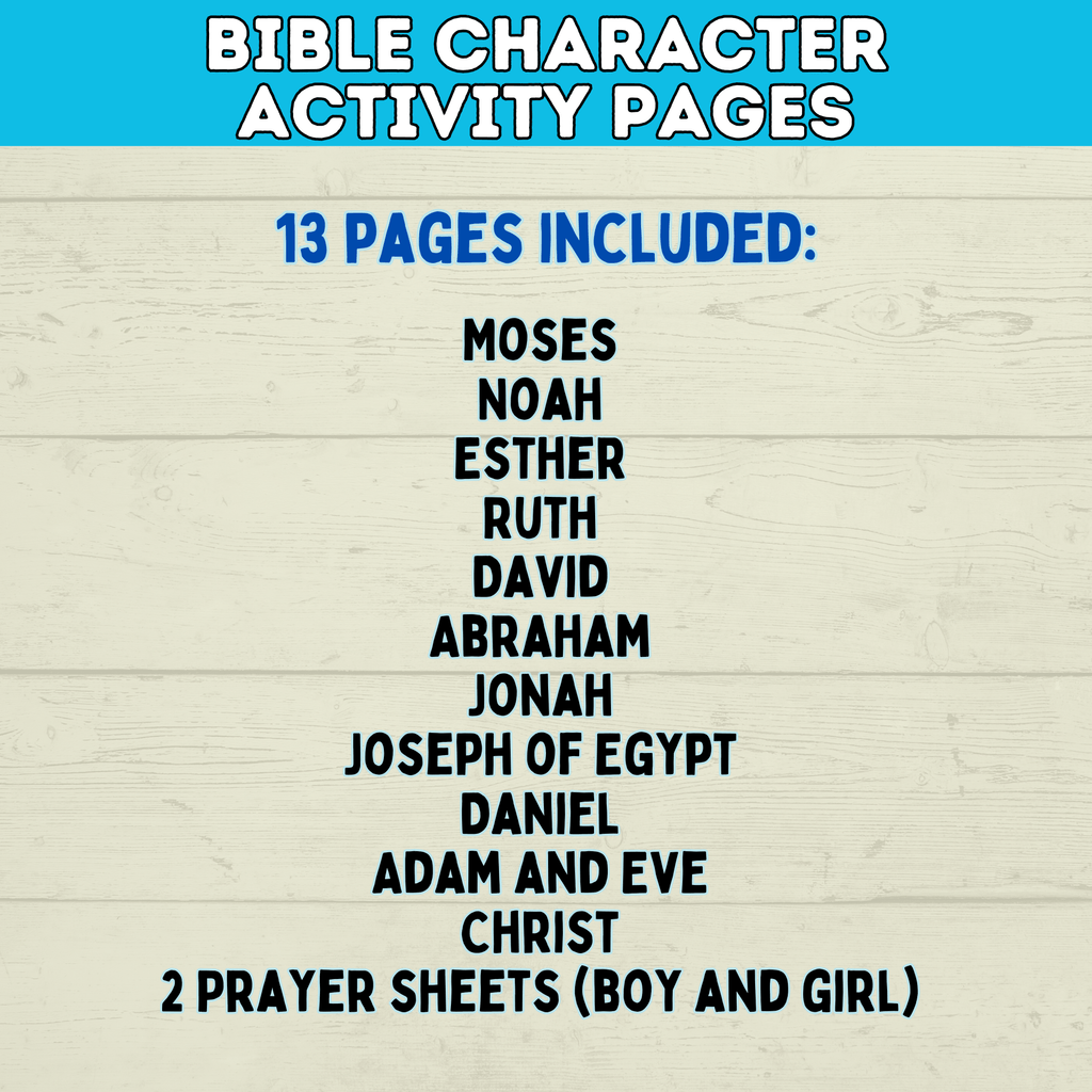 Bible Activity Sheets | Kids Coloring Pages | Bible Lesson Plans | Moses | Abraham | Noah | Esther | Ruth | Digital Download | Printables