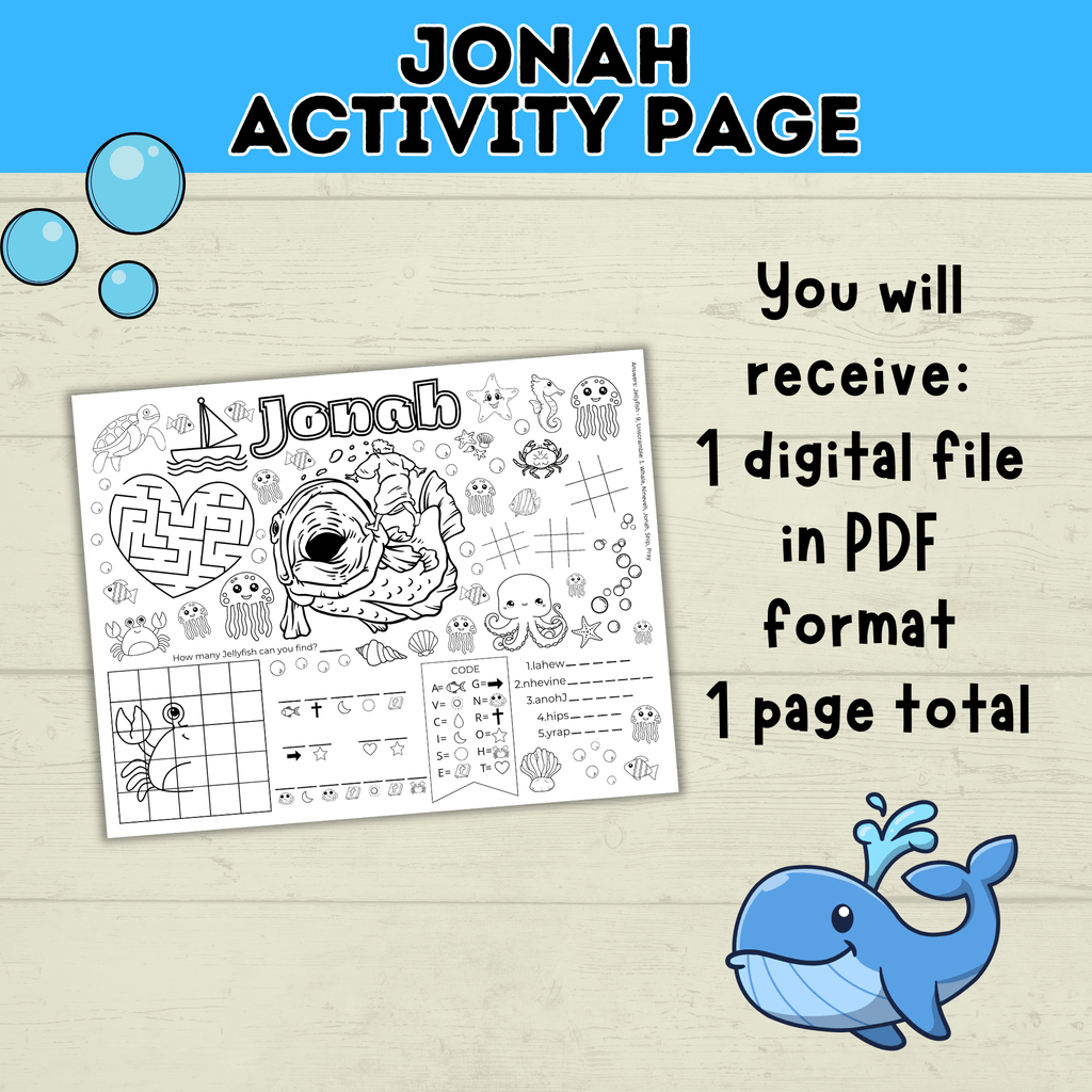 Jonah and The Whale Activity Page | Bible Activity Page | Kids Coloring Page | Sunday School Lesson | Kids Printables | Bible Story