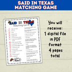 Texas | Texas Game | Texas Party | Said in Texas Matching Game | Texans | Family Game | Kids Game | Printable Game | Instant Download