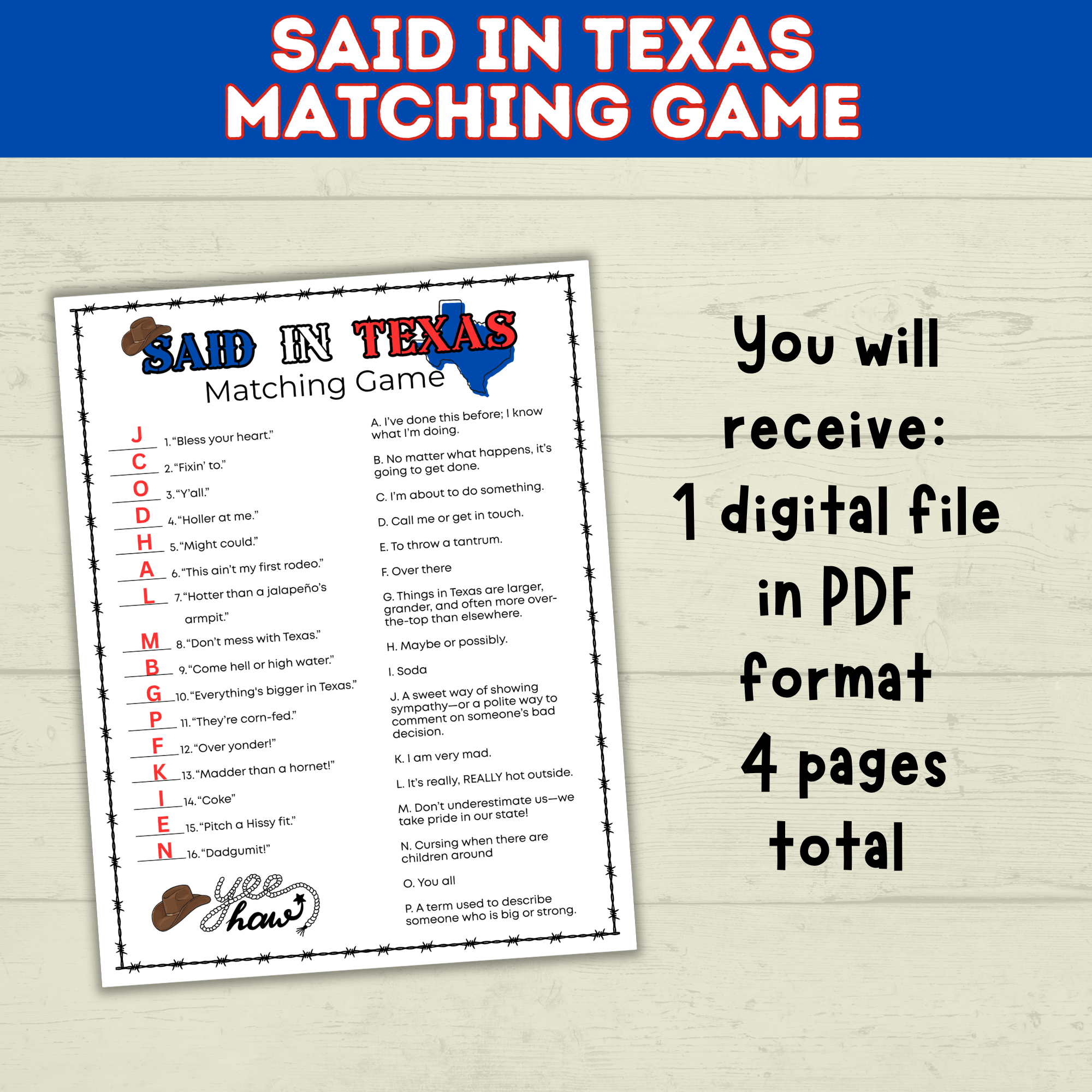 Texas | Texas Game | Texas Party | Said in Texas Matching Game | Texans | Family Game | Kids Game | Printable Game | Instant Download
