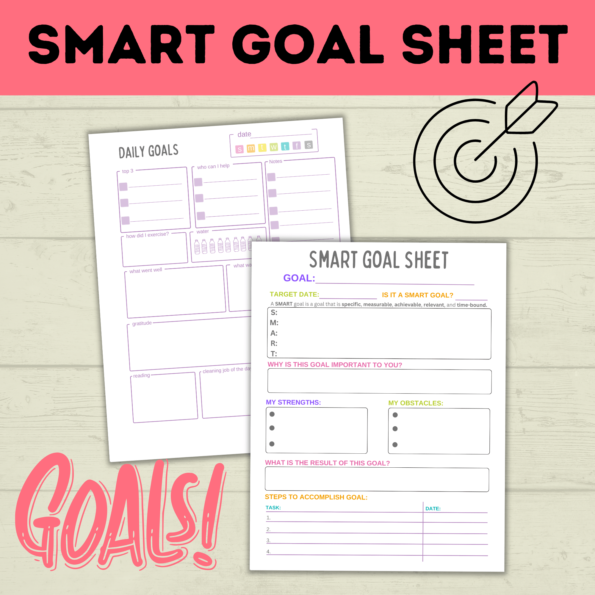 Kids Goals | Daily Goals Tracker | Smart Goals Sheet | Goal Setting | Goals Printable | Kids Printable | Daily Tasks | Checklist for Kids