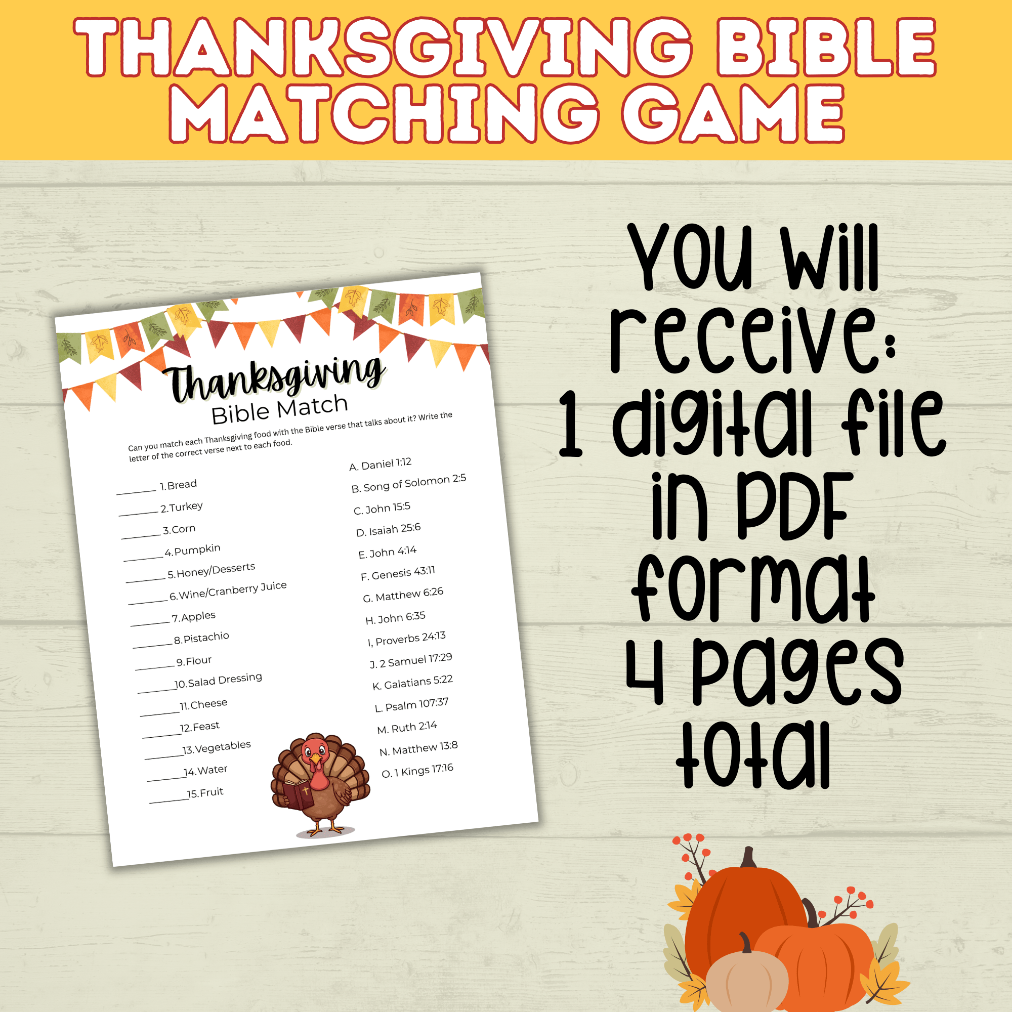 Thanksgiving Bible Match Game Printable for Kids and Adults | Digital Download in 2 Sizes | PDF Bible Game | Thanksgiving Printables
