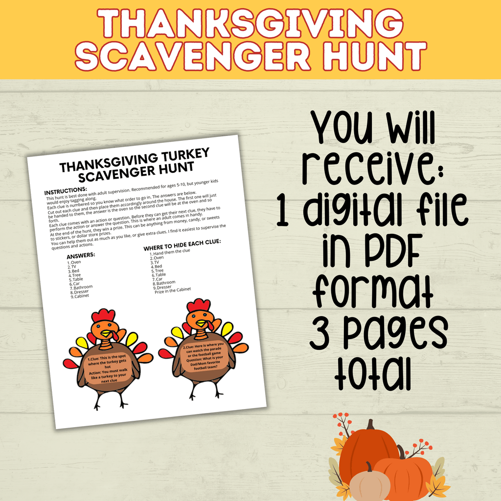 Thanksgiving Scavenger Hunt | Turkey Scavenger Hunt | Kids Thanksgiving Activities | Kids Games | Thanksgiving Games | Digital Download