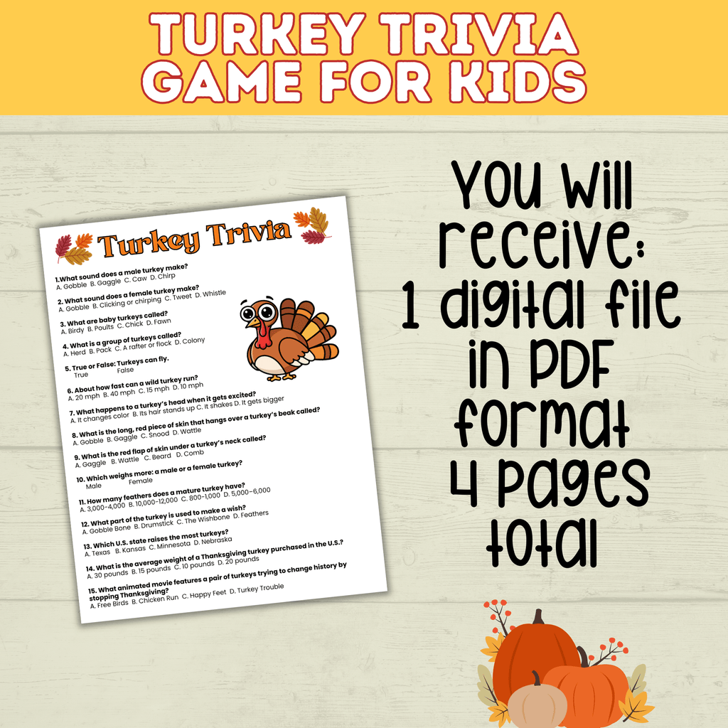 Turkey Trivia | Thanksgiving Trivia | Trivia for Kids | Digital Download | Thanksgiving Games | Thanksgiving Activities | Thanksgiving
