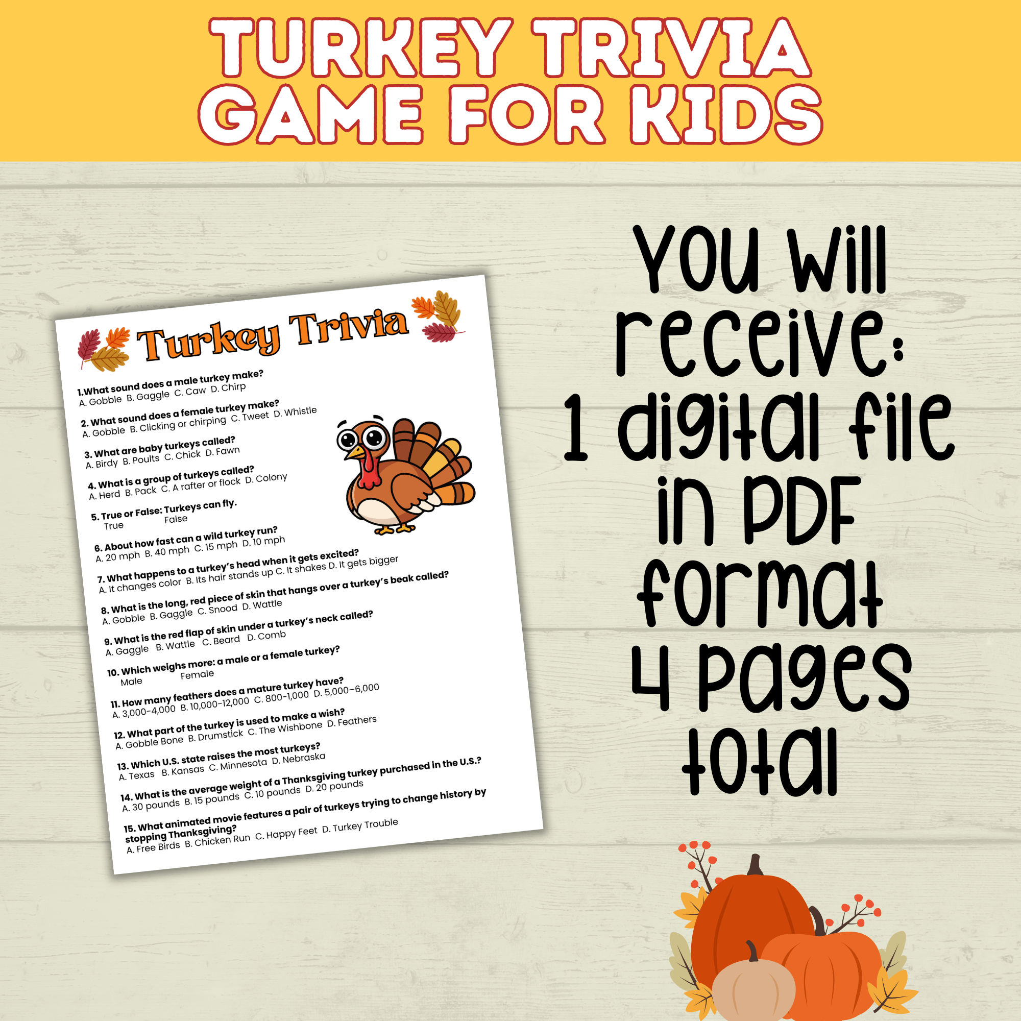 Turkey Trivia | Thanksgiving Trivia | Trivia for Kids | Digital Download | Thanksgiving Games | Thanksgiving Activities | Thanksgiving