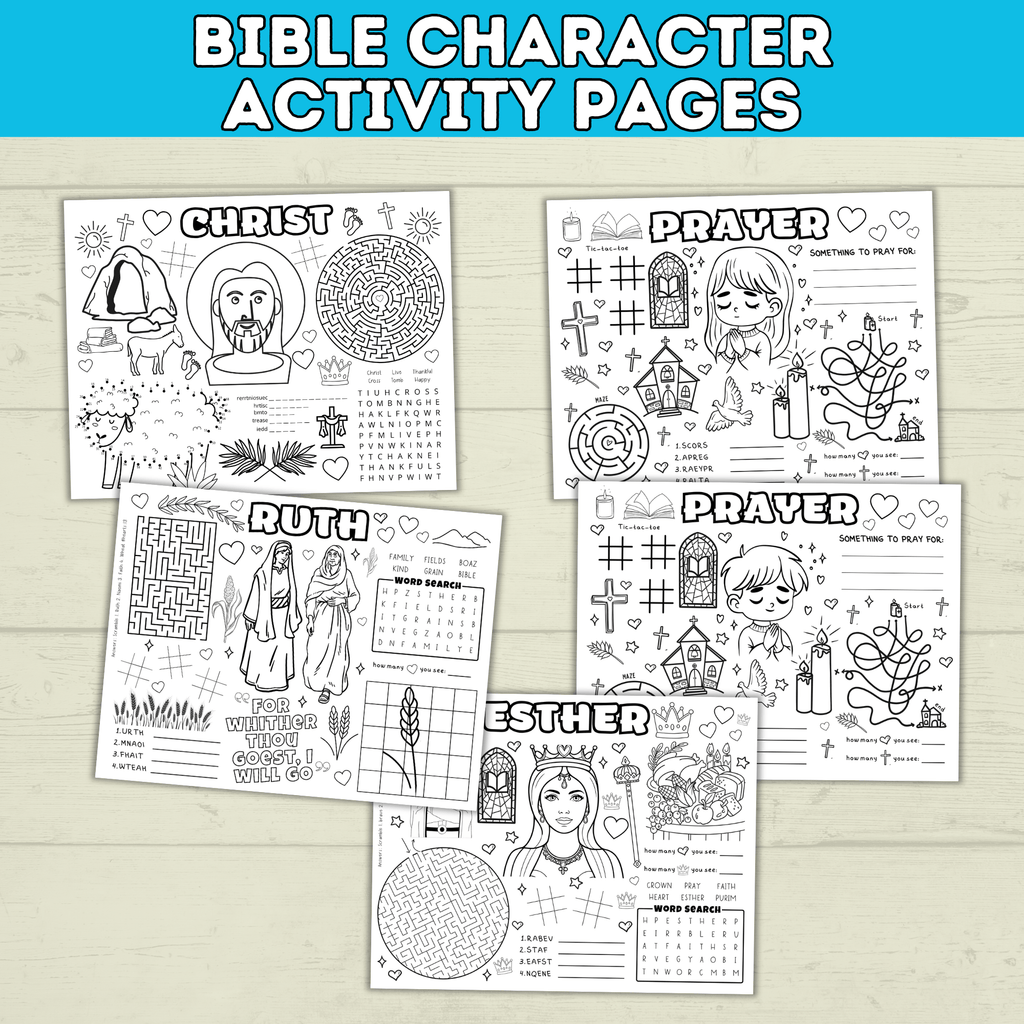 Bible Activity Sheets | Kids Coloring Pages | Bible Lesson Plans | Moses | Abraham | Noah | Esther | Ruth | Digital Download | Printables