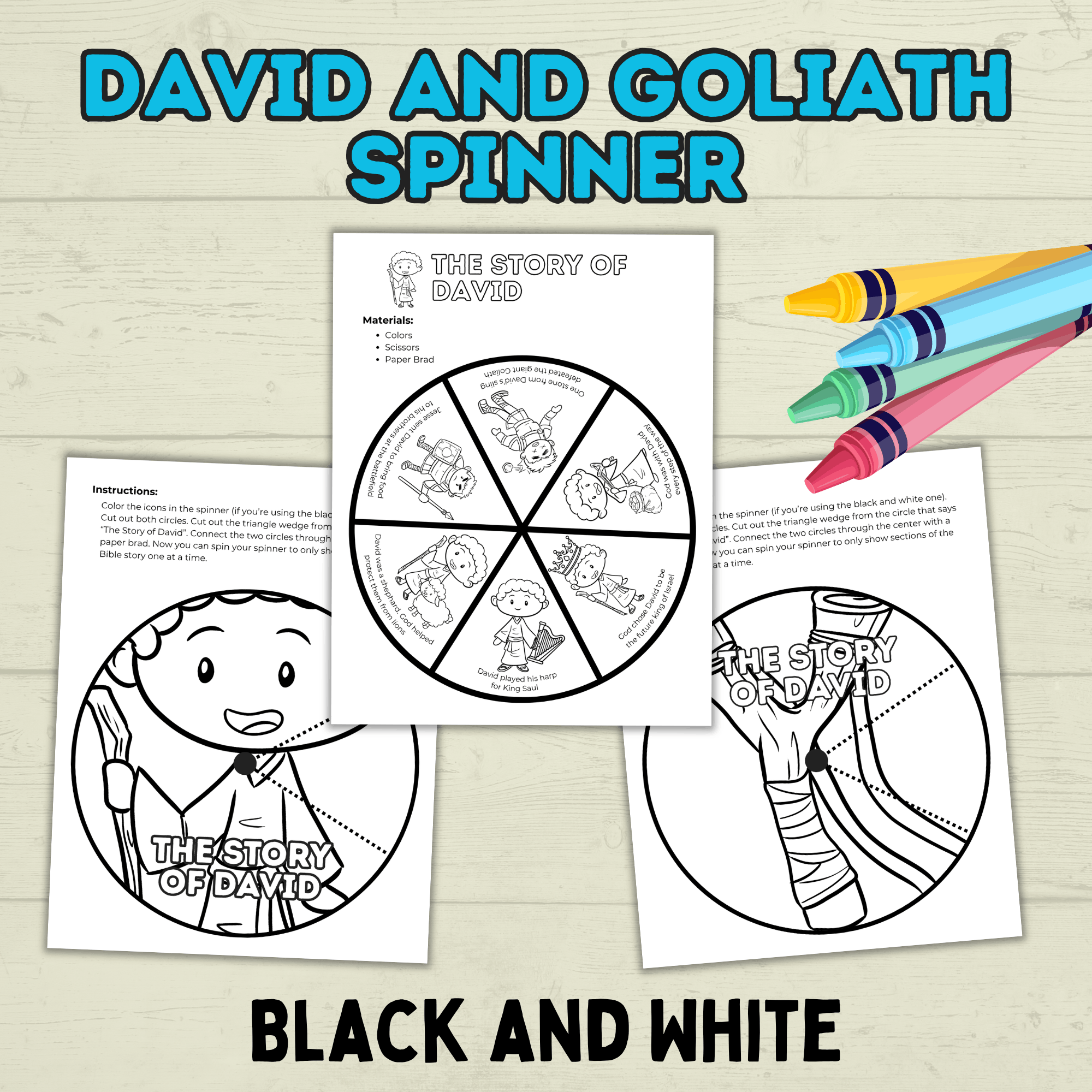 David and Goliath Spinner, David Craft, Christian Craft, Homeschool, Bible Craft, Bible Lesson, Cut and Paste Craft, Sunday School Craft
