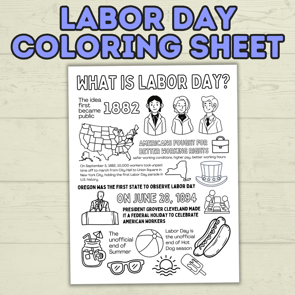 Labor Day Activity Page & Fact Sheet, Holiday Sheet, Coloring Page for Kids, Educational, Classroom, Homeschool, Worksheet, PDF