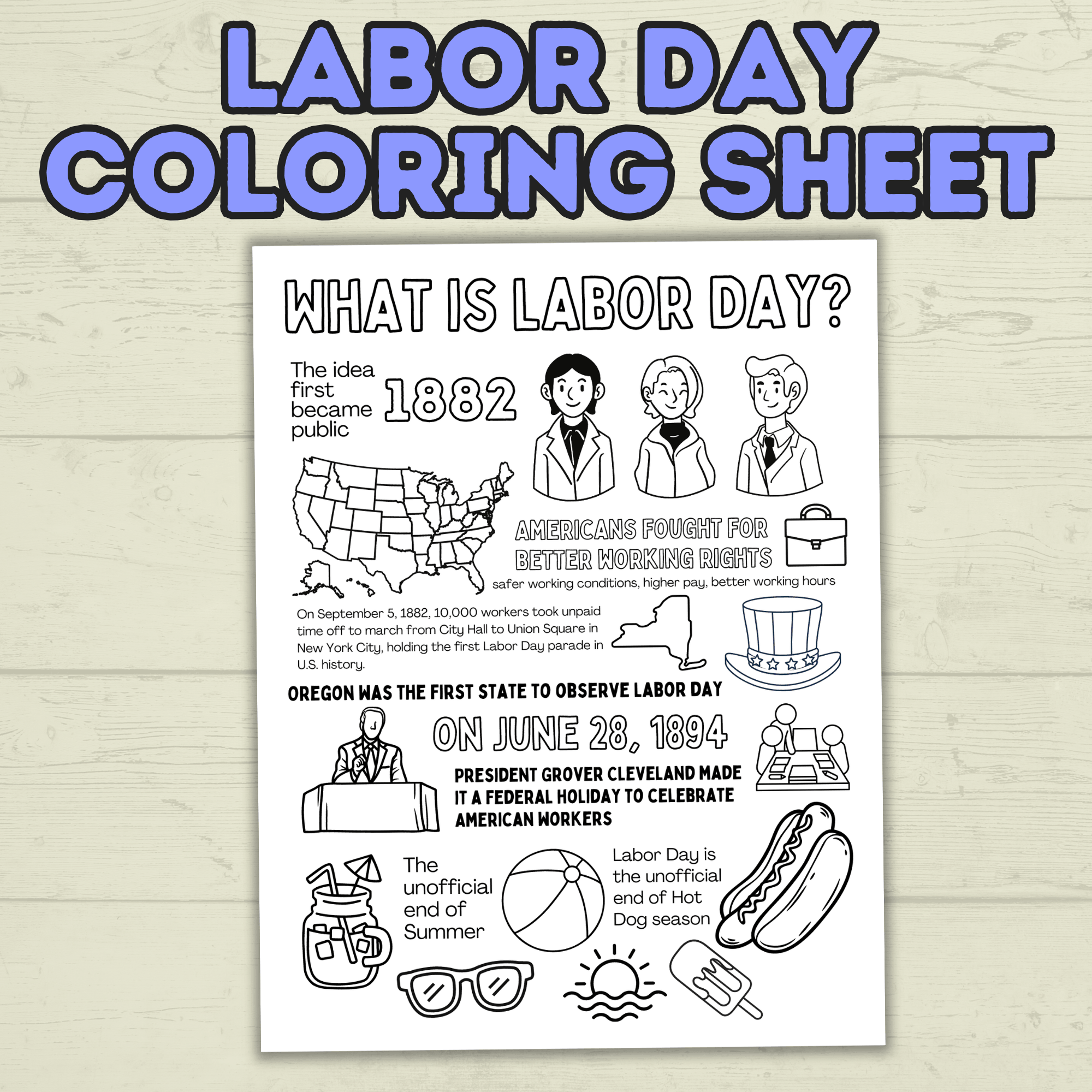 Labor Day Activity Page & Fact Sheet, Holiday Sheet, Coloring Page for Kids, Educational, Classroom, Homeschool, Worksheet, PDF
