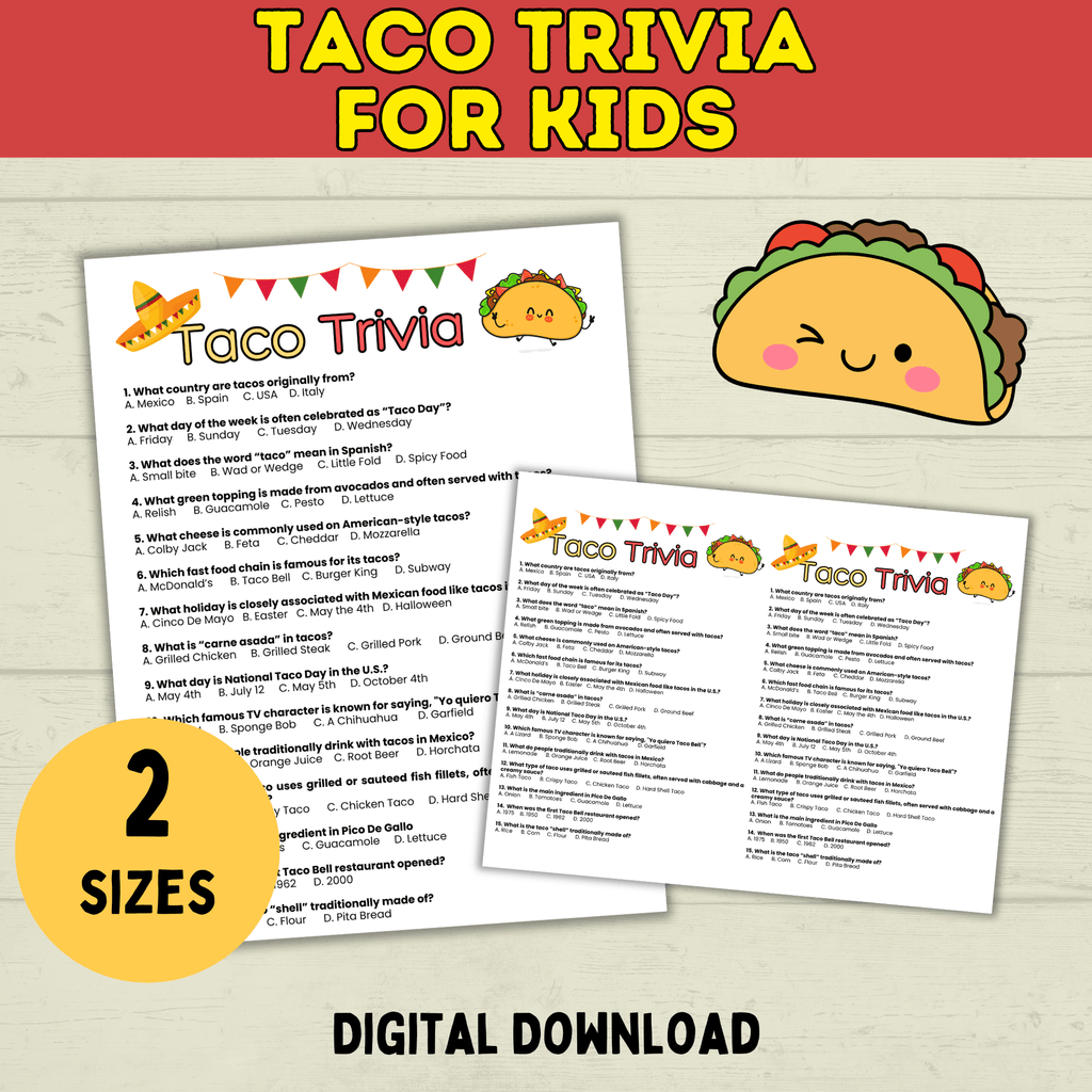 Taco Trivia Game | Taco Party | Fiesta Games | Party Games | Kids Games | Printable Games | Cinco De Mayo Trivia | PDF Download