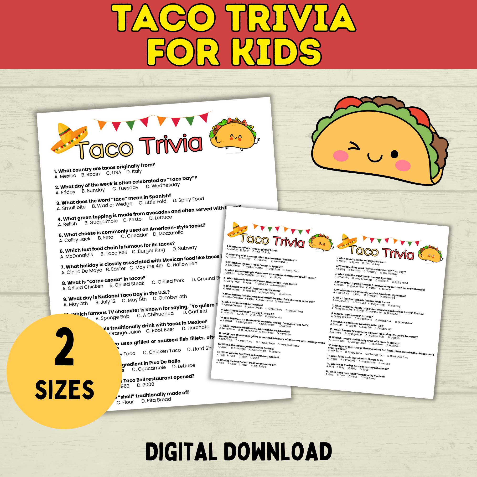 Taco Trivia Game | Taco Party | Fiesta Games | Party Games | Kids Games | Printable Games | Cinco De Mayo Trivia | PDF Download