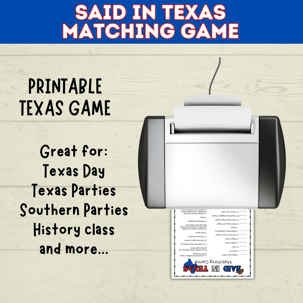 Texas | Texas Game | Texas Party | Said in Texas Matching Game | Texans | Family Game | Kids Game | Printable Game | Instant Download