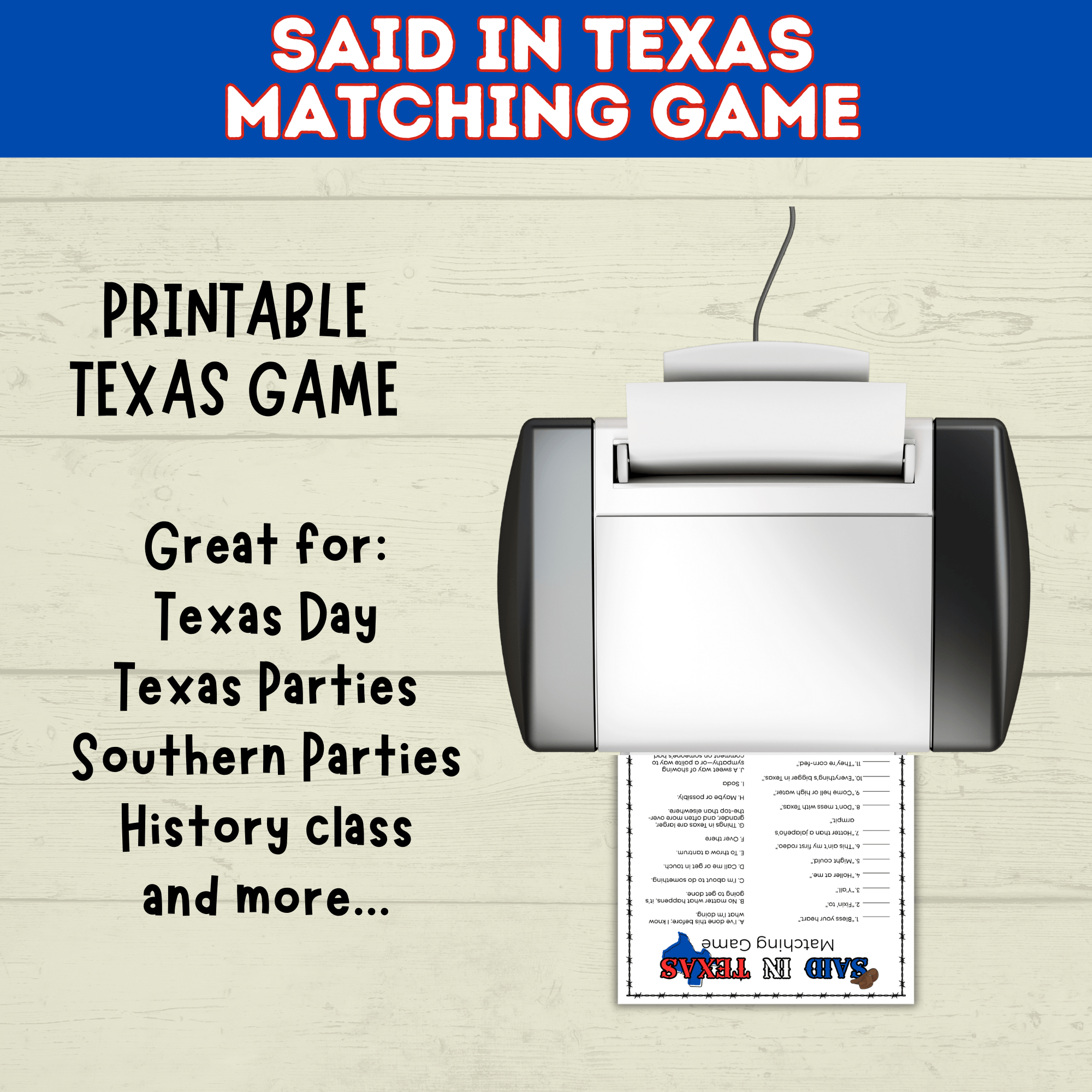 Texas | Texas Game | Texas Party | Said in Texas Matching Game | Texans | Family Game | Kids Game | Printable Game | Instant Download