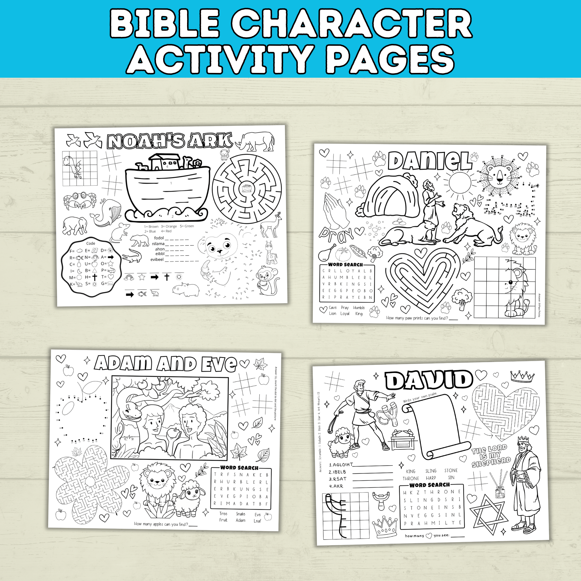 Bible Activity Sheets | Kids Coloring Pages | Bible Lesson Plans | Moses | Abraham | Noah | Esther | Ruth | Digital Download | Printables