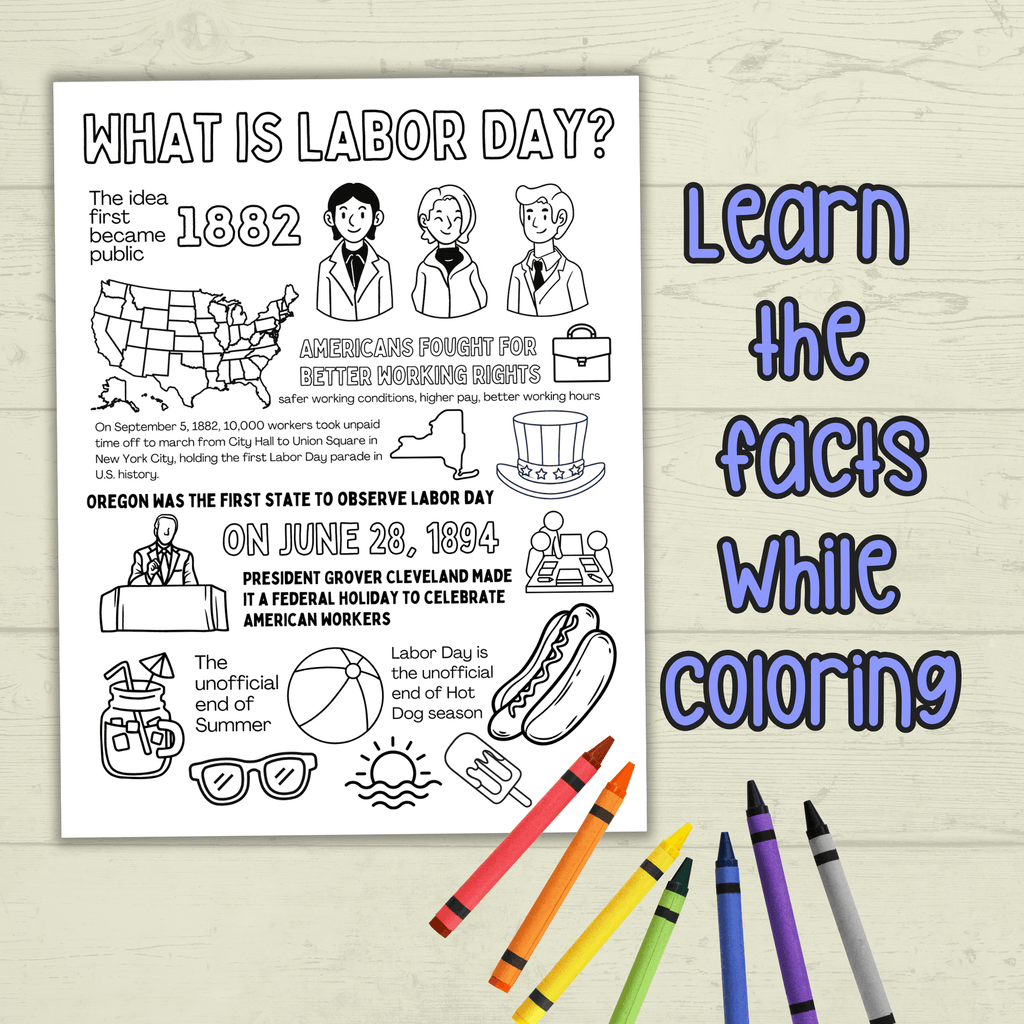Labor Day Activity Page & Fact Sheet, Holiday Sheet, Coloring Page for Kids, Educational, Classroom, Homeschool, Worksheet, PDF