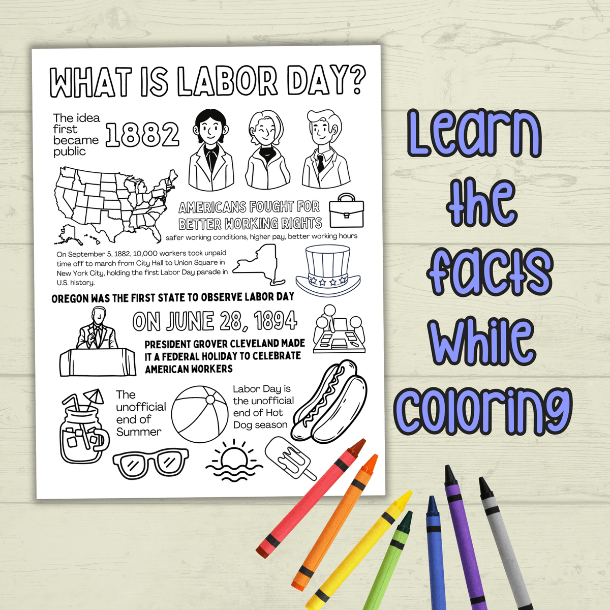 Labor Day Activity Page & Fact Sheet, Holiday Sheet, Coloring Page for Kids, Educational, Classroom, Homeschool, Worksheet, PDF
