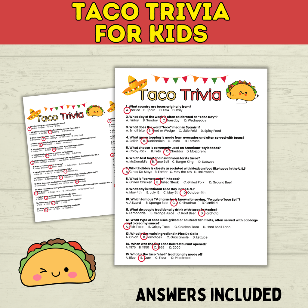 Taco Trivia Game | Taco Party | Fiesta Games | Party Games | Kids Games | Printable Games | Cinco De Mayo Trivia | PDF Download