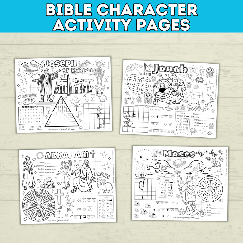 Bible Activity Sheets | Kids Coloring Pages | Bible Lesson Plans | Moses | Abraham | Noah | Esther | Ruth | Digital Download | Printables