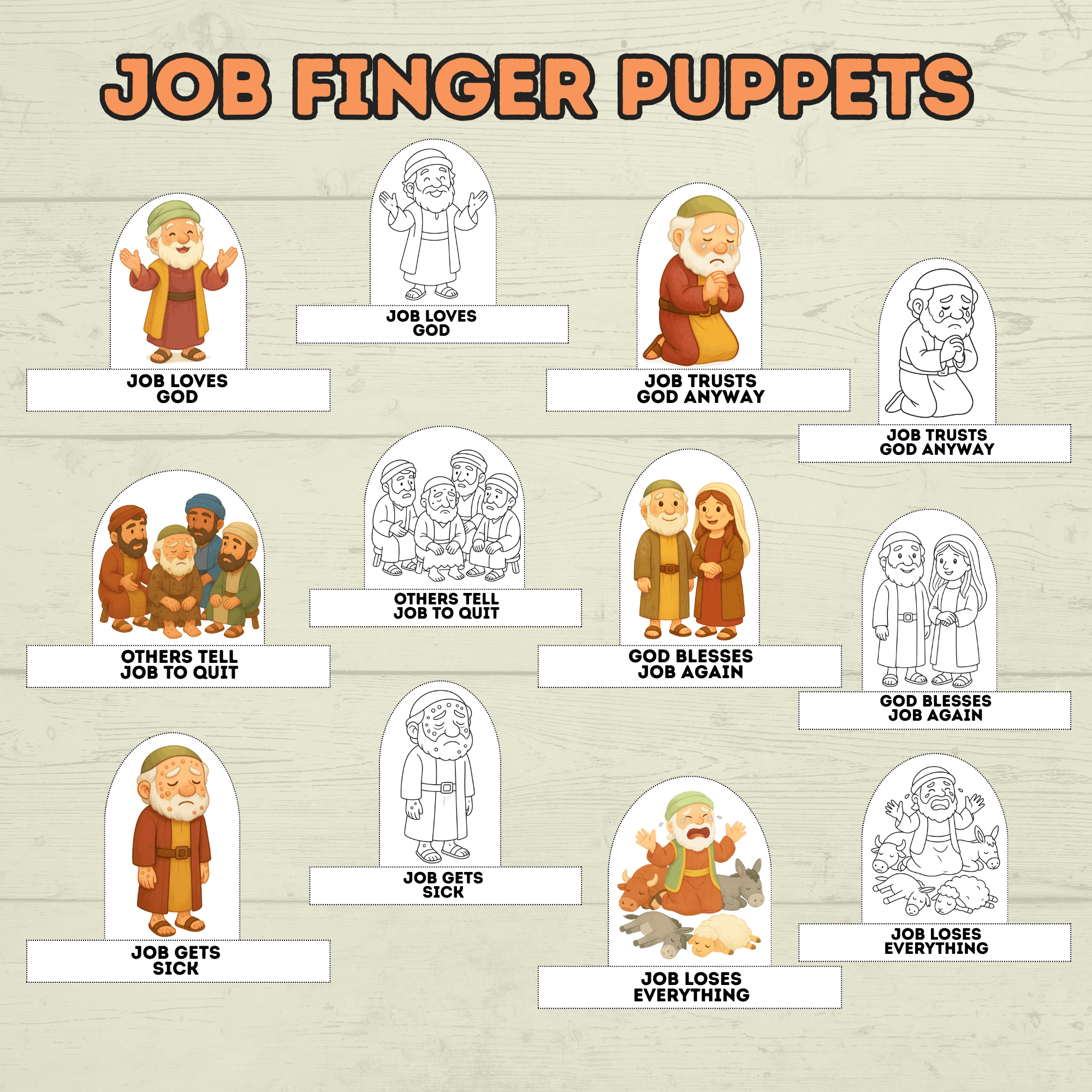 Job finger puppets for Kids, Job Bible Story, Homeschool, Job Craft, Bible Craft, Sunday School