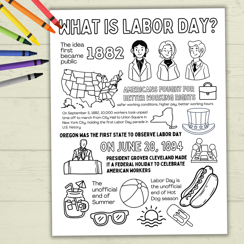 Labor Day Activity Page & Fact Sheet, Holiday Sheet, Coloring Page for Kids, Educational, Classroom, Homeschool, Worksheet, PDF
