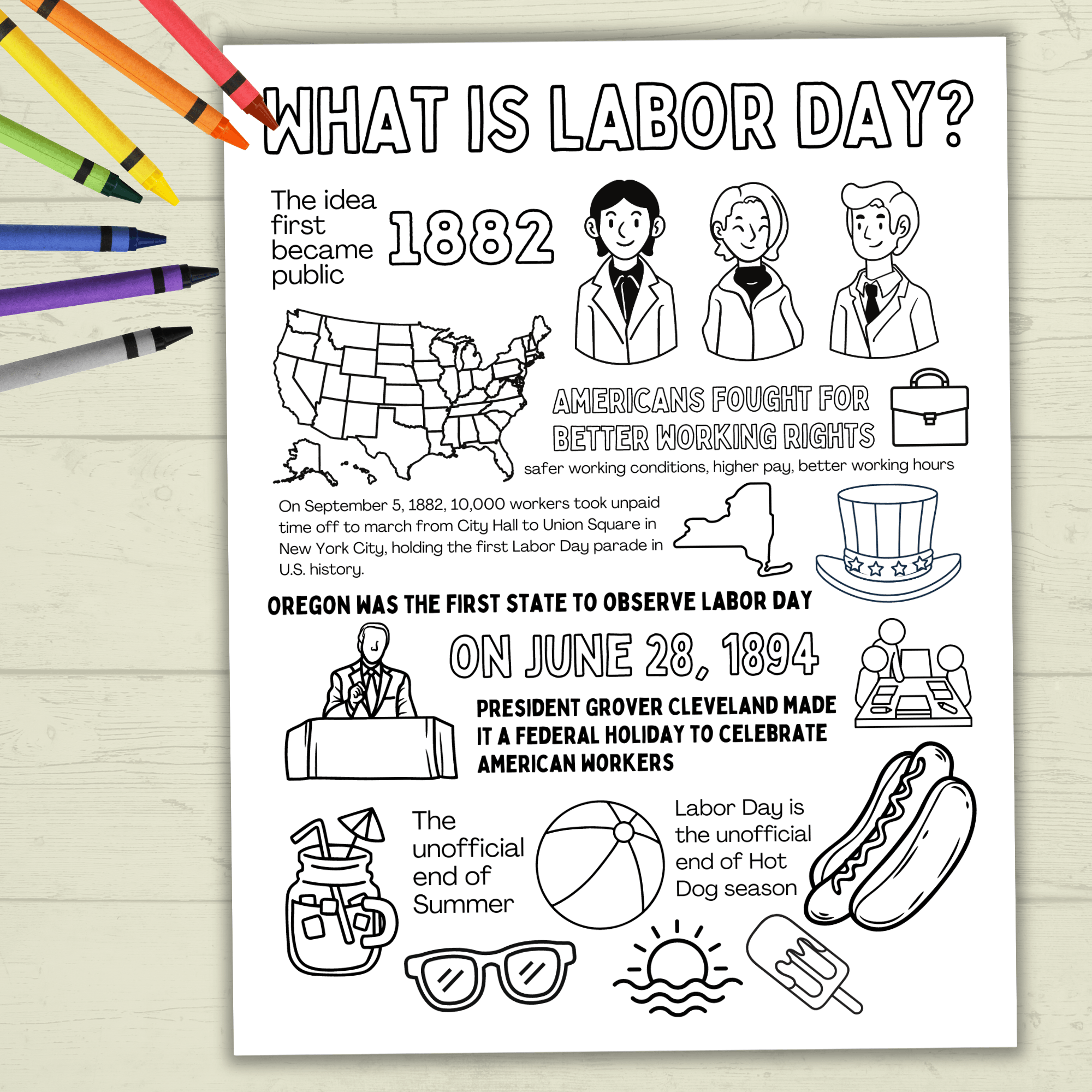 Labor Day Activity Page & Fact Sheet, Holiday Sheet, Coloring Page for Kids, Educational, Classroom, Homeschool, Worksheet, PDF