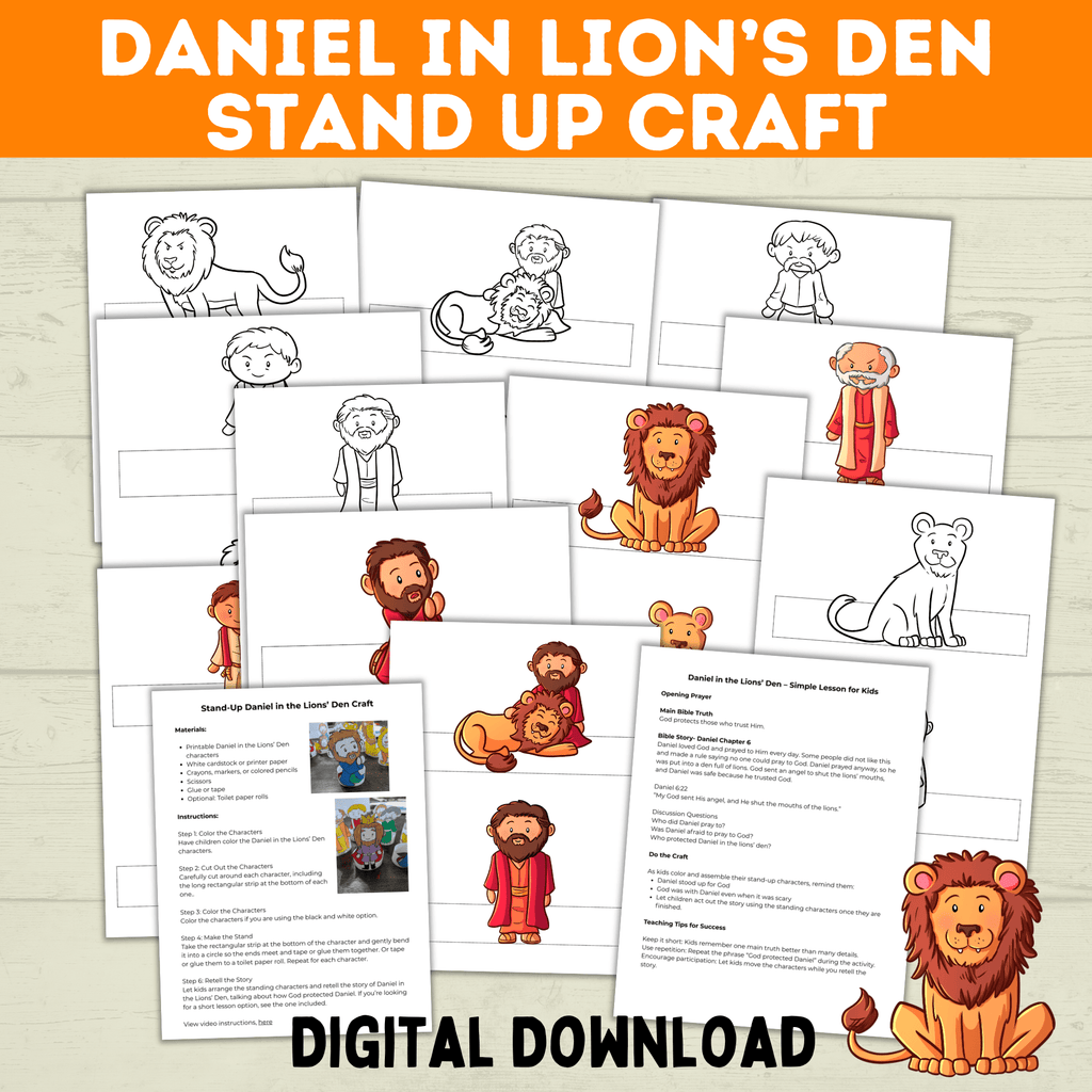 Bible Characters Daniel in the Lion's Den Craft for Kids, Sunday School Crafts, Bible Coloring Pages Lesson, Digital Download, PDF