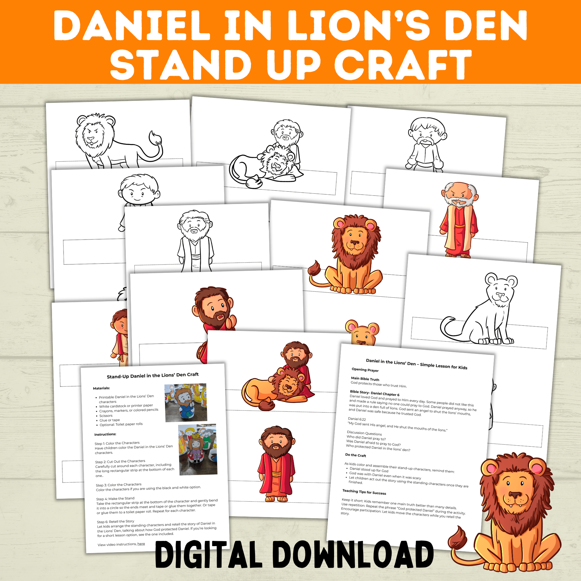 Bible Characters Daniel in the Lion's Den Craft for Kids, Sunday School Crafts, Bible Coloring Pages Lesson, Digital Download, PDF