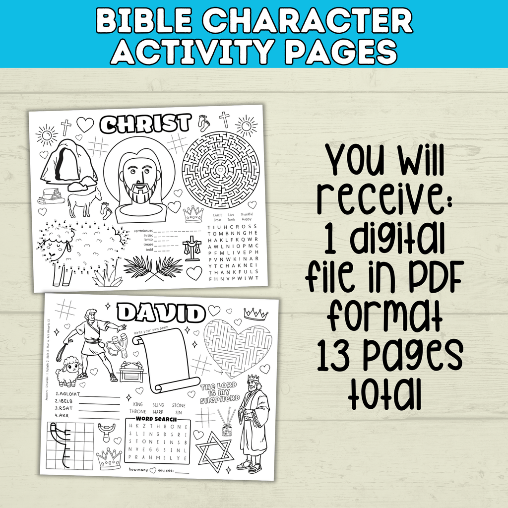 Bible Activity Sheets | Kids Coloring Pages | Bible Lesson Plans | Moses | Abraham | Noah | Esther | Ruth | Digital Download | Printables