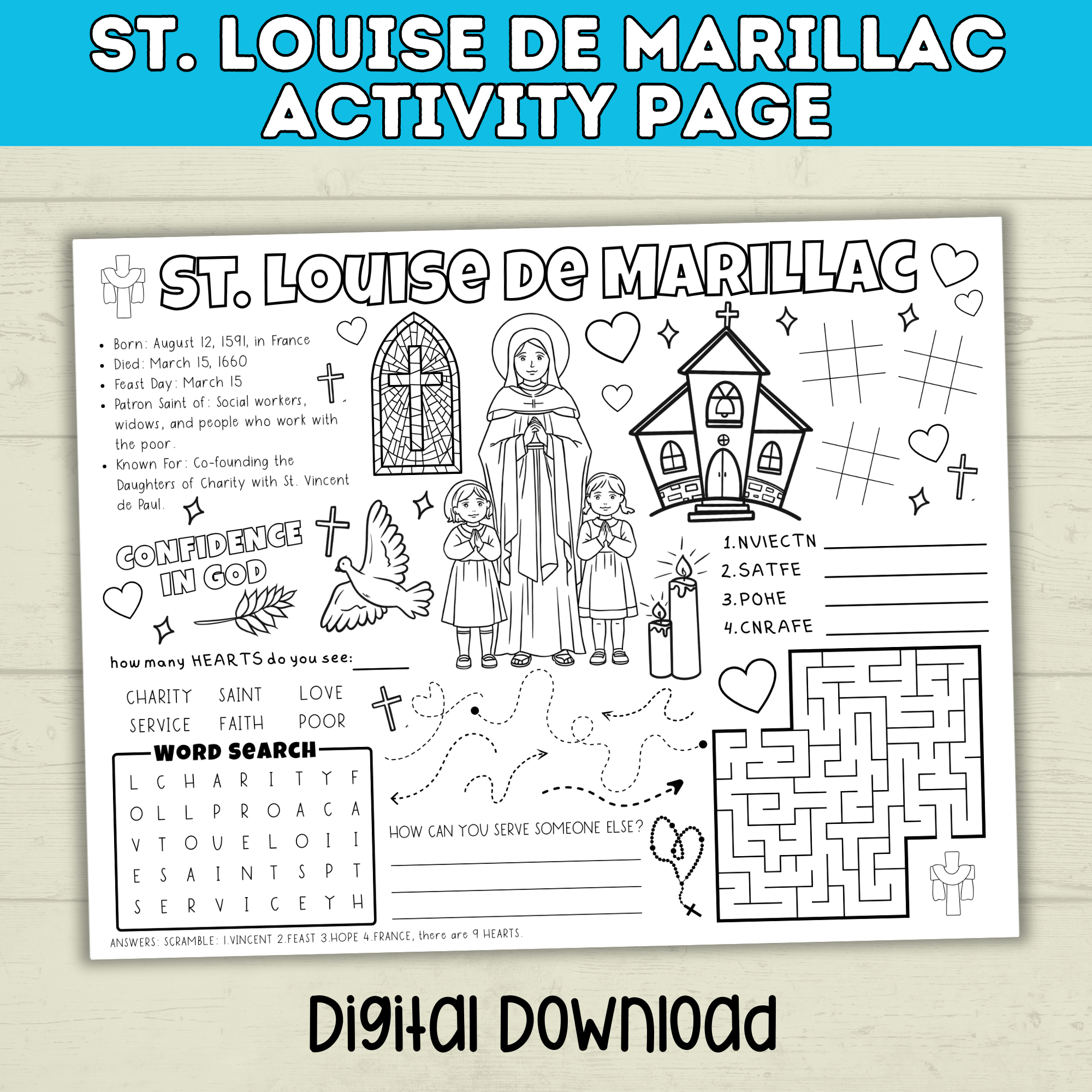 St. Louise de Marillac Activity page | Catholic Activity Page | PDF Digital Download | Feast Day