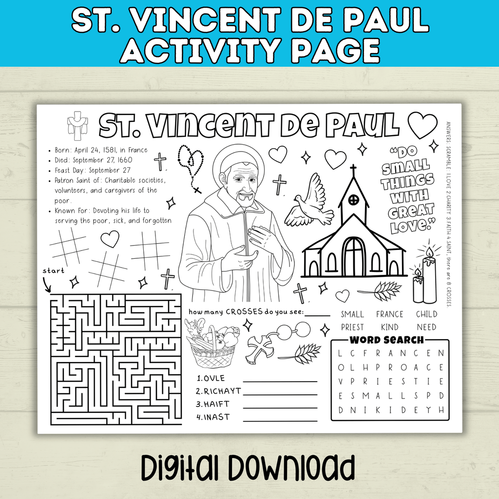 St. Vincent De Paul Activity Sheet for Kids | Catholic Activity for Kids | Kids Printables | PDF digital download | Feast Day