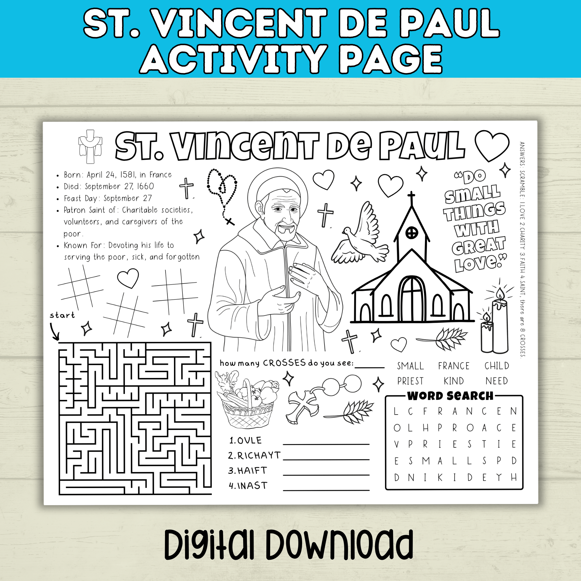 St. Vincent De Paul Activity Sheet for Kids | Catholic Activity for Kids | Kids Printables | PDF digital download | Feast Day