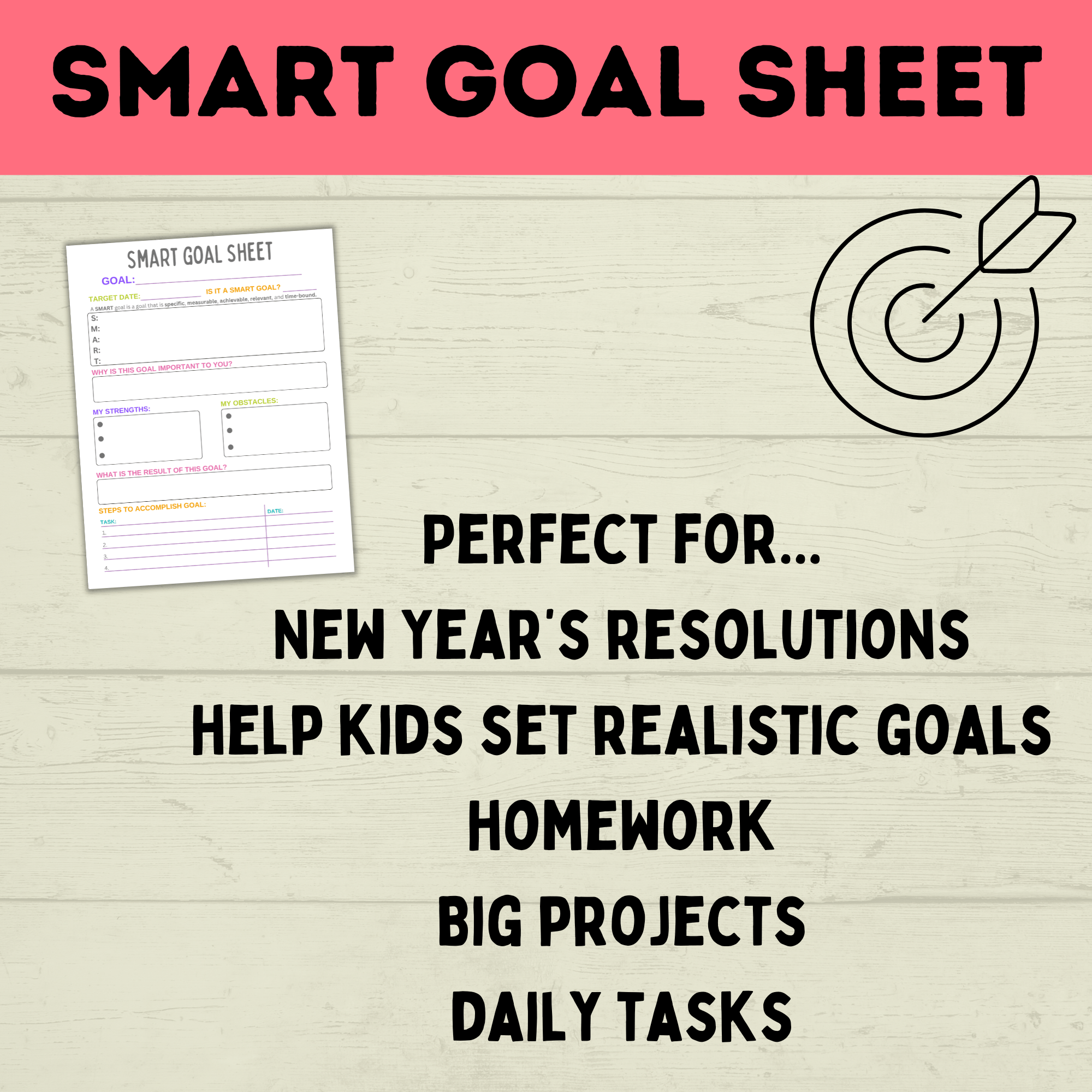 Kids Goals | Daily Goals Tracker | Smart Goals Sheet | Goal Setting | Goals Printable | Kids Printable | Daily Tasks | Checklist for Kids