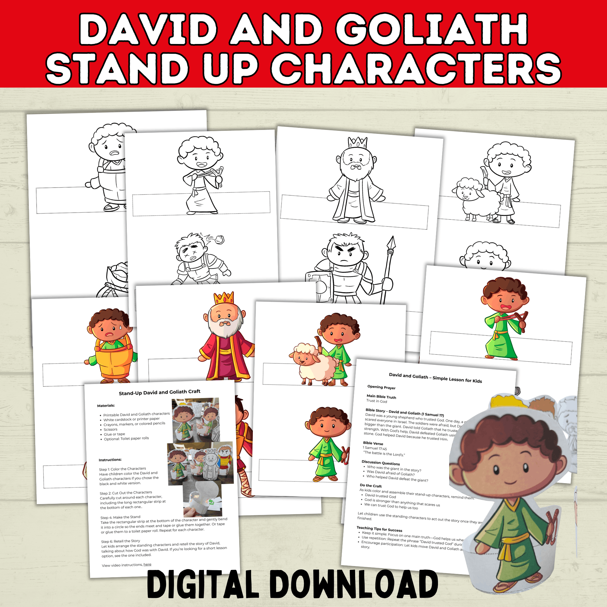 King David and Goliath Biblical Characters Stand Up Bible Story, VBS, Kids