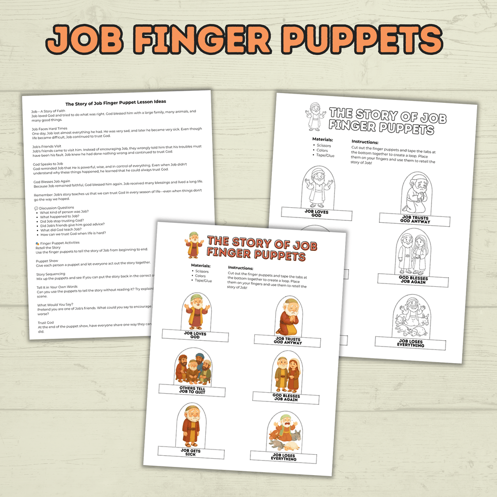 Job finger puppets for Kids, Job Bible Story, Homeschool, Job Craft, Bible Craft, Sunday School