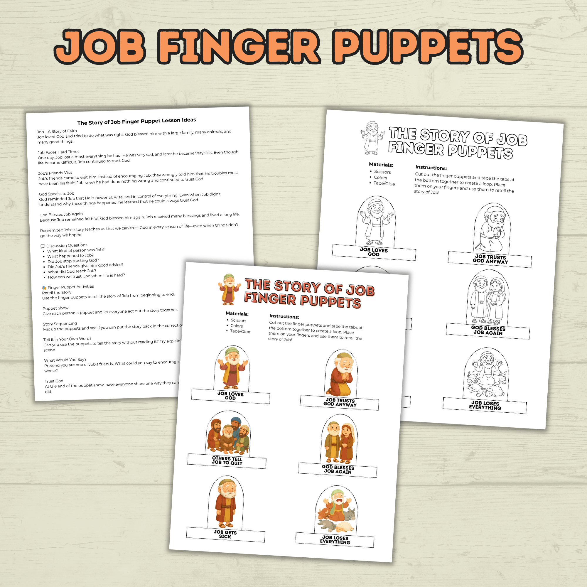 Job finger puppets for Kids, Job Bible Story, Homeschool, Job Craft, Bible Craft, Sunday School