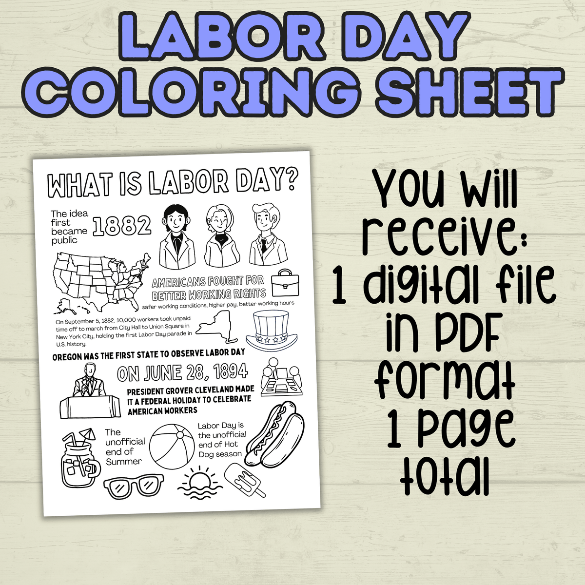Labor Day Activity Page & Fact Sheet, Holiday Sheet, Coloring Page for Kids, Educational, Classroom, Homeschool, Worksheet, PDF