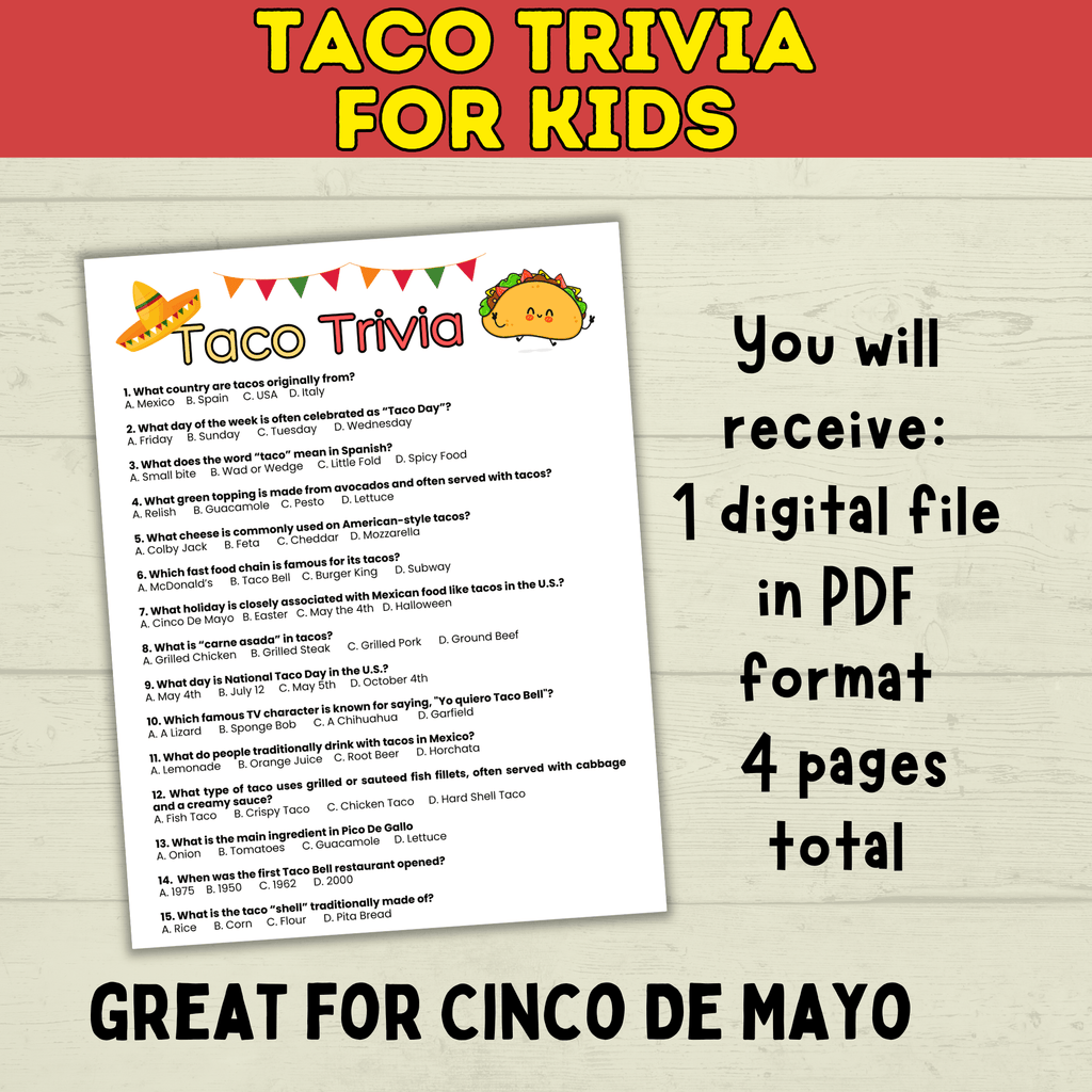 Taco Trivia Game | Taco Party | Fiesta Games | Party Games | Kids Games | Printable Games | Cinco De Mayo Trivia | PDF Download