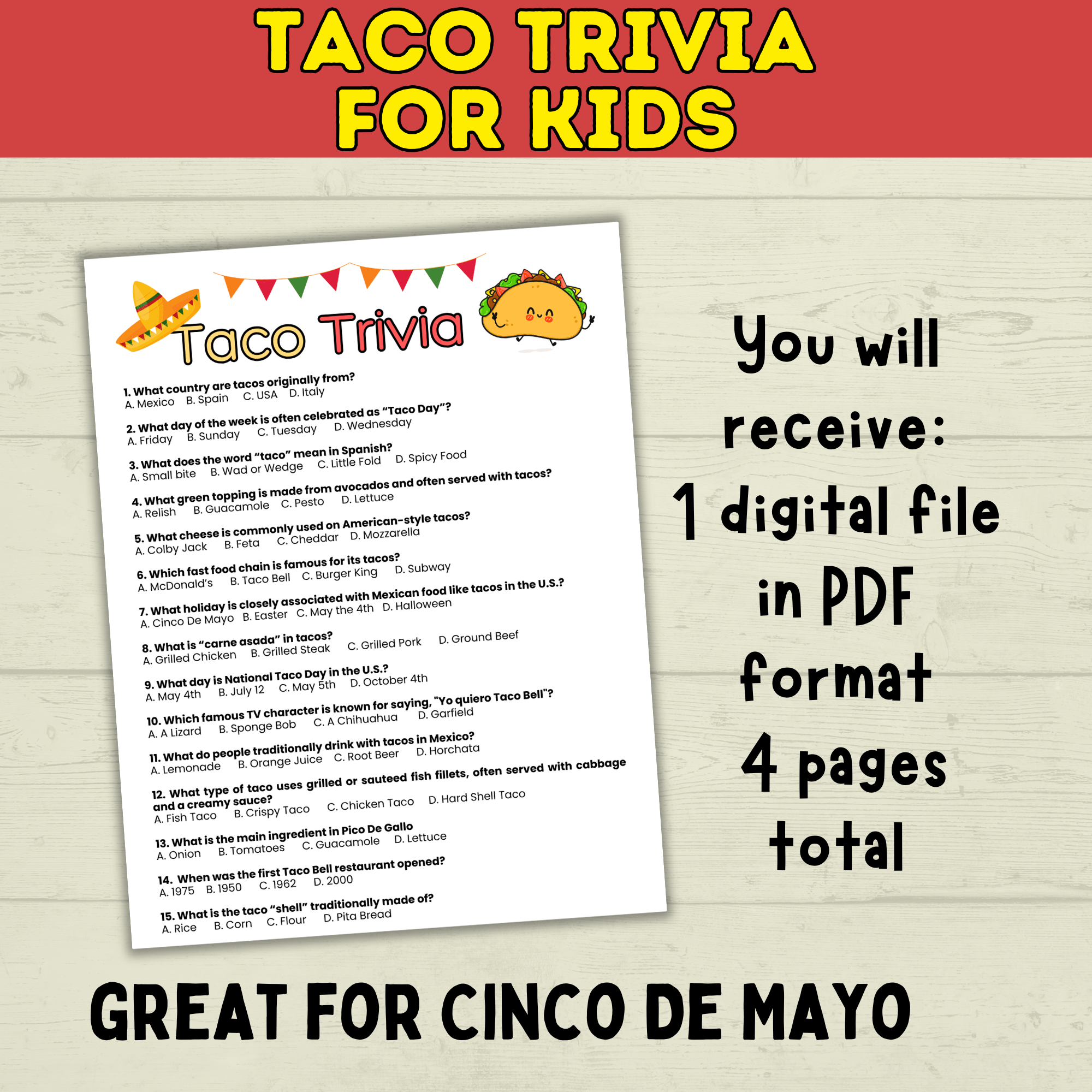 Taco Trivia Game | Taco Party | Fiesta Games | Party Games | Kids Games | Printable Games | Cinco De Mayo Trivia | PDF Download