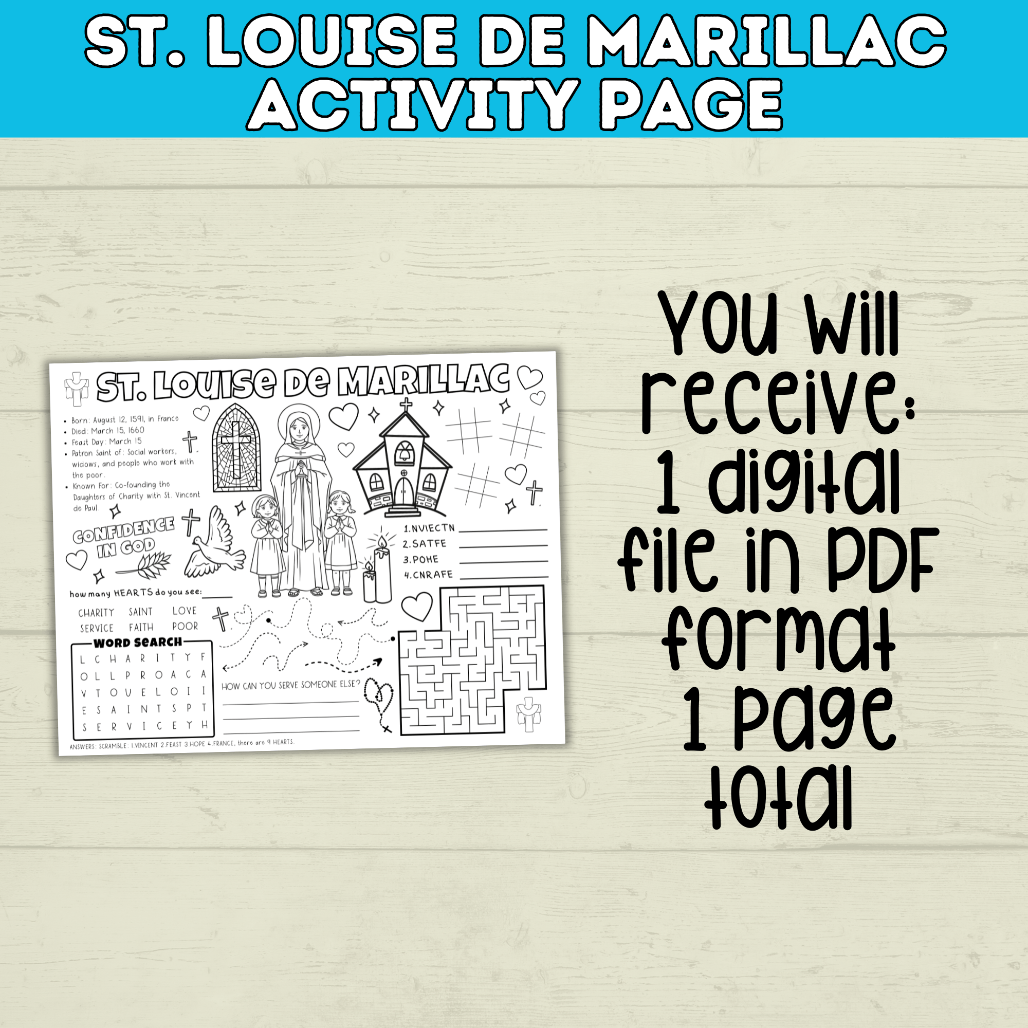 St. Louise de Marillac Activity page | Catholic Activity Page | PDF Digital Download | Feast Day