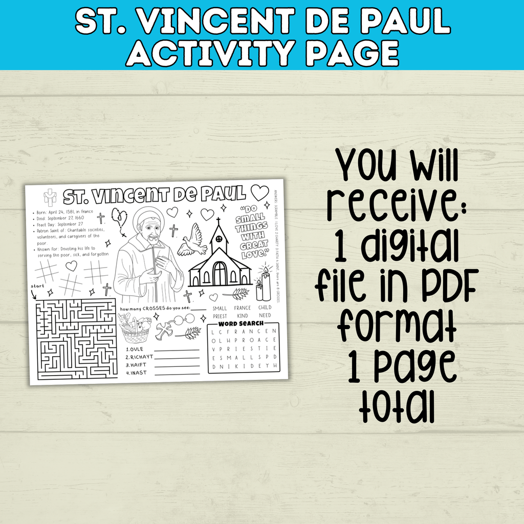 St. Vincent De Paul Activity Sheet for Kids | Catholic Activity for Kids | Kids Printables | PDF digital download | Feast Day