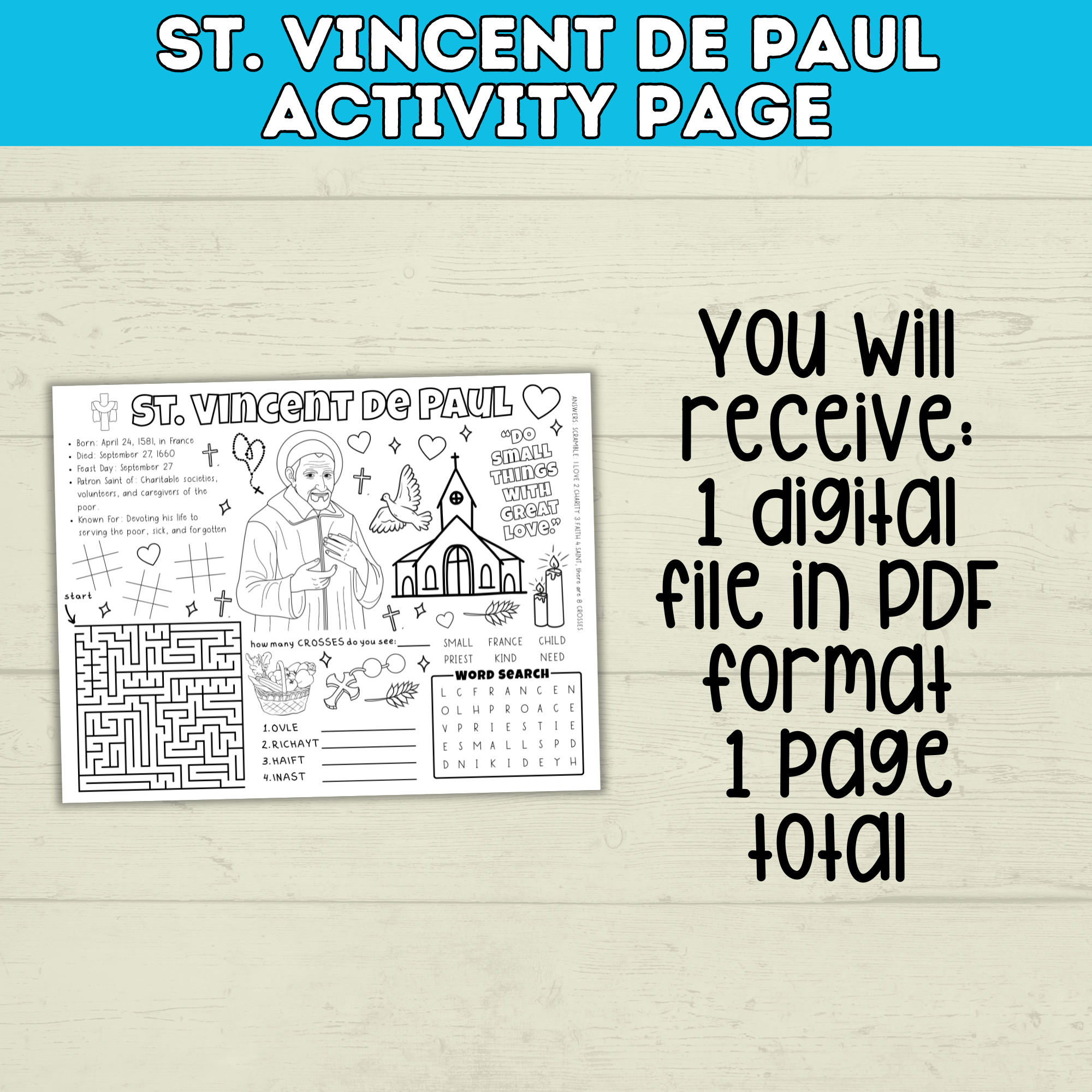 St. Vincent De Paul Activity Sheet for Kids | Catholic Activity for Kids | Kids Printables | PDF digital download | Feast Day
