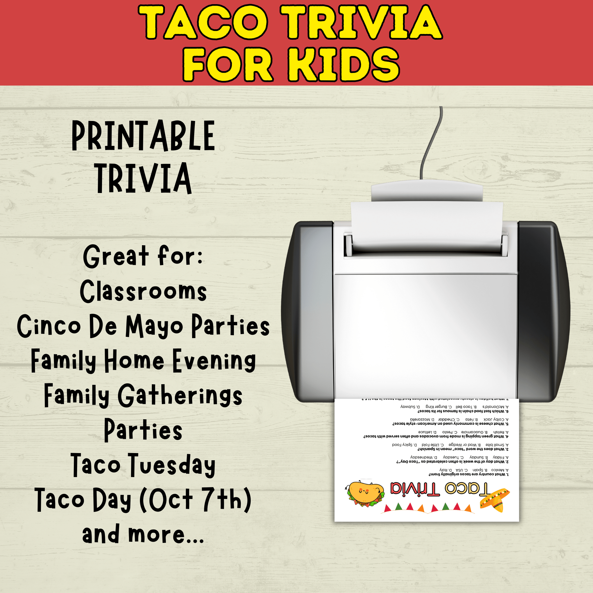 Taco Trivia Game | Taco Party | Fiesta Games | Party Games | Kids Games | Printable Games | Cinco De Mayo Trivia | PDF Download