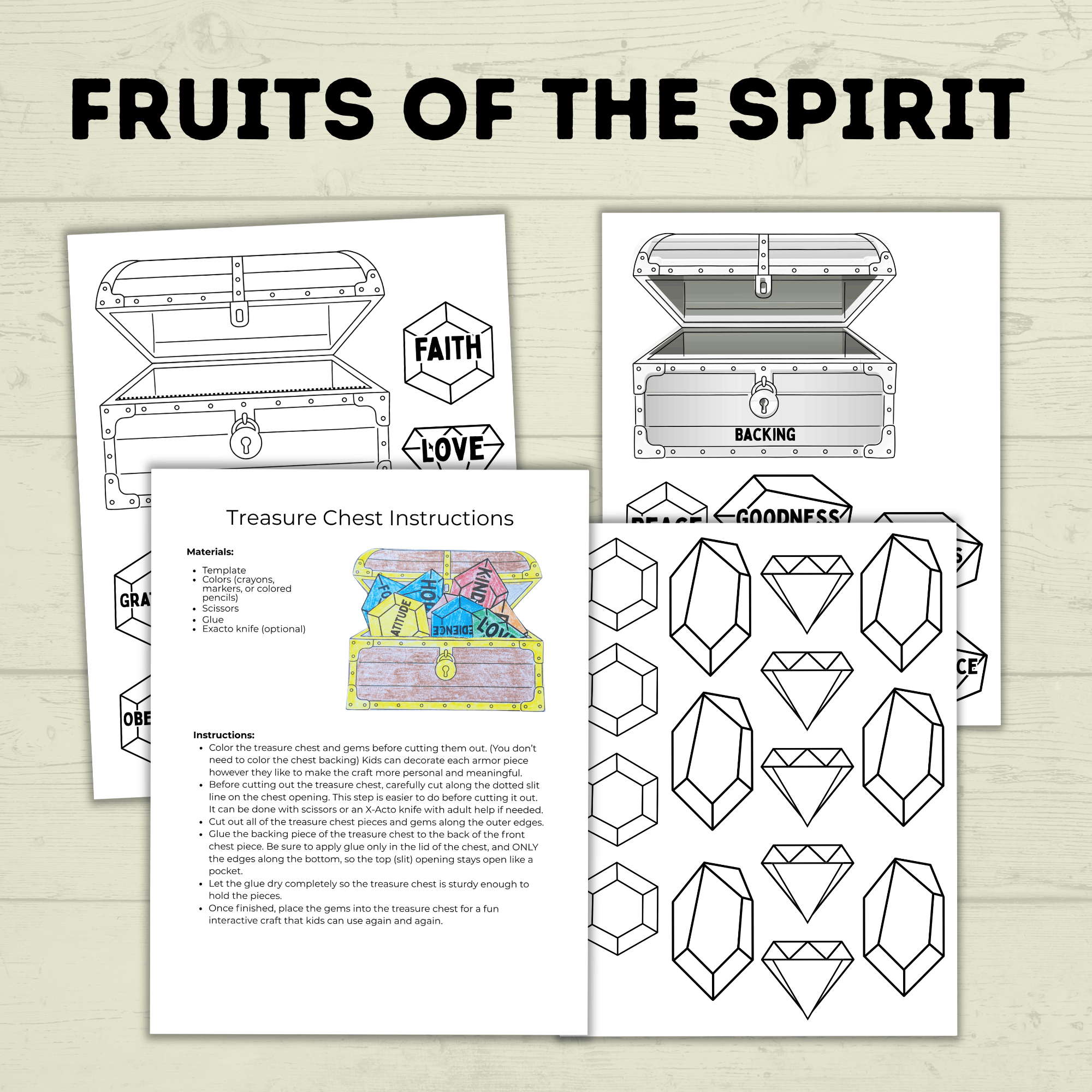 Fruits of the Spirit Craft, Treasure Chest Craft, Kids Craft Template, Sunday School Craft, Bible Lesson, Cut and Paste, Christian Activity