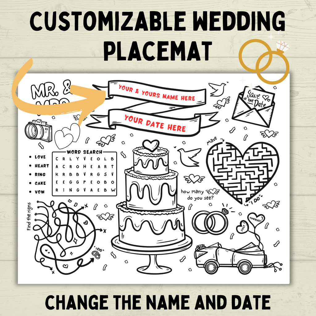 Customizable Wedding Placemat for Kids and Family | Wedding Activity Page | Wedding Placemat | Engagement Activity | Kids Activity |