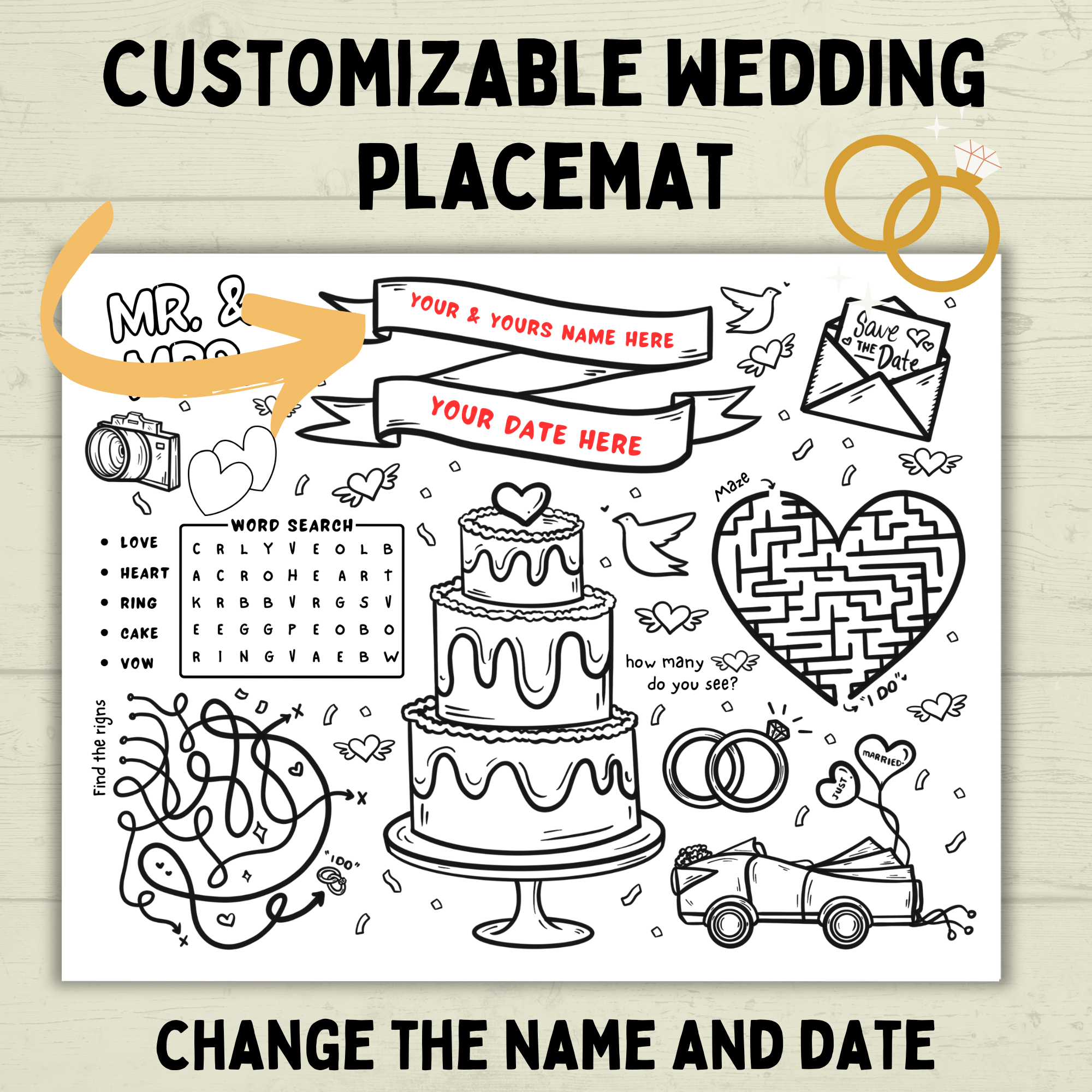 Customizable Wedding Placemat for Kids and Family | Wedding Activity Page | Wedding Placemat | Engagement Activity | Kids Activity |
