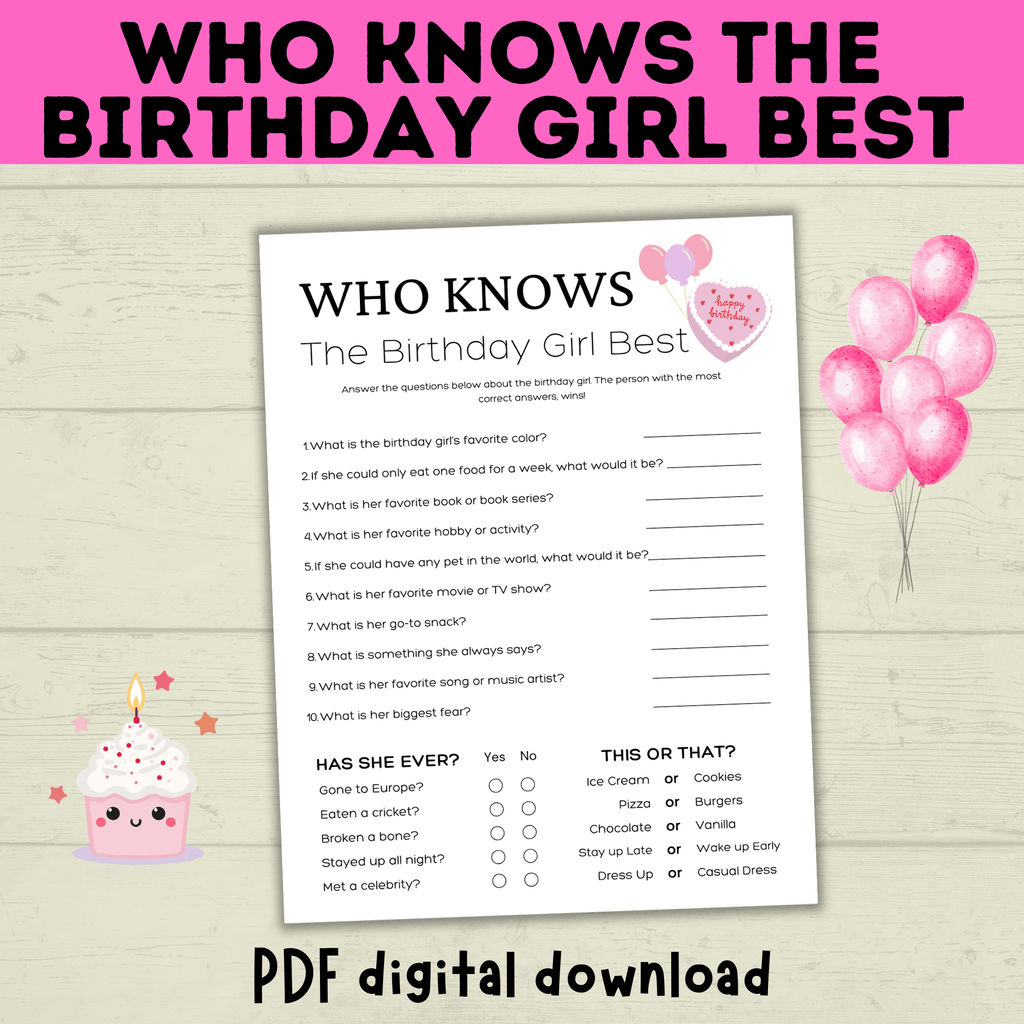 Birthday Girl Trivia Game | Birthday Girl Game | Birthday | Kids Printables | Birthday Printable | Who Knows Them Best