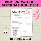 Birthday Girl Trivia Game | Birthday Girl Game | Birthday | Kids Printables | Birthday Printable | Who Knows Them Best