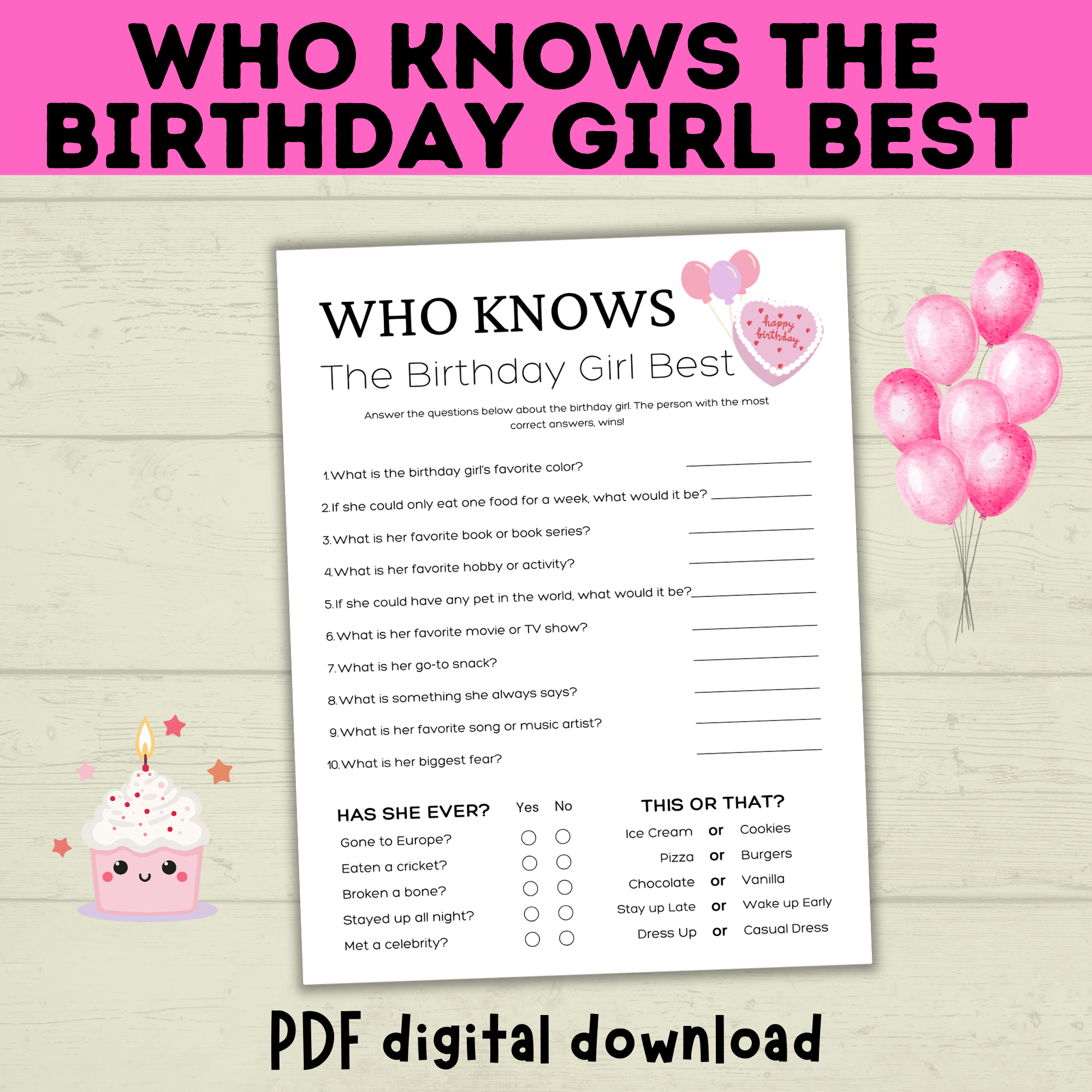 Birthday Girl Trivia Game | Birthday Girl Game | Birthday | Kids Printables | Birthday Printable | Who Knows Them Best