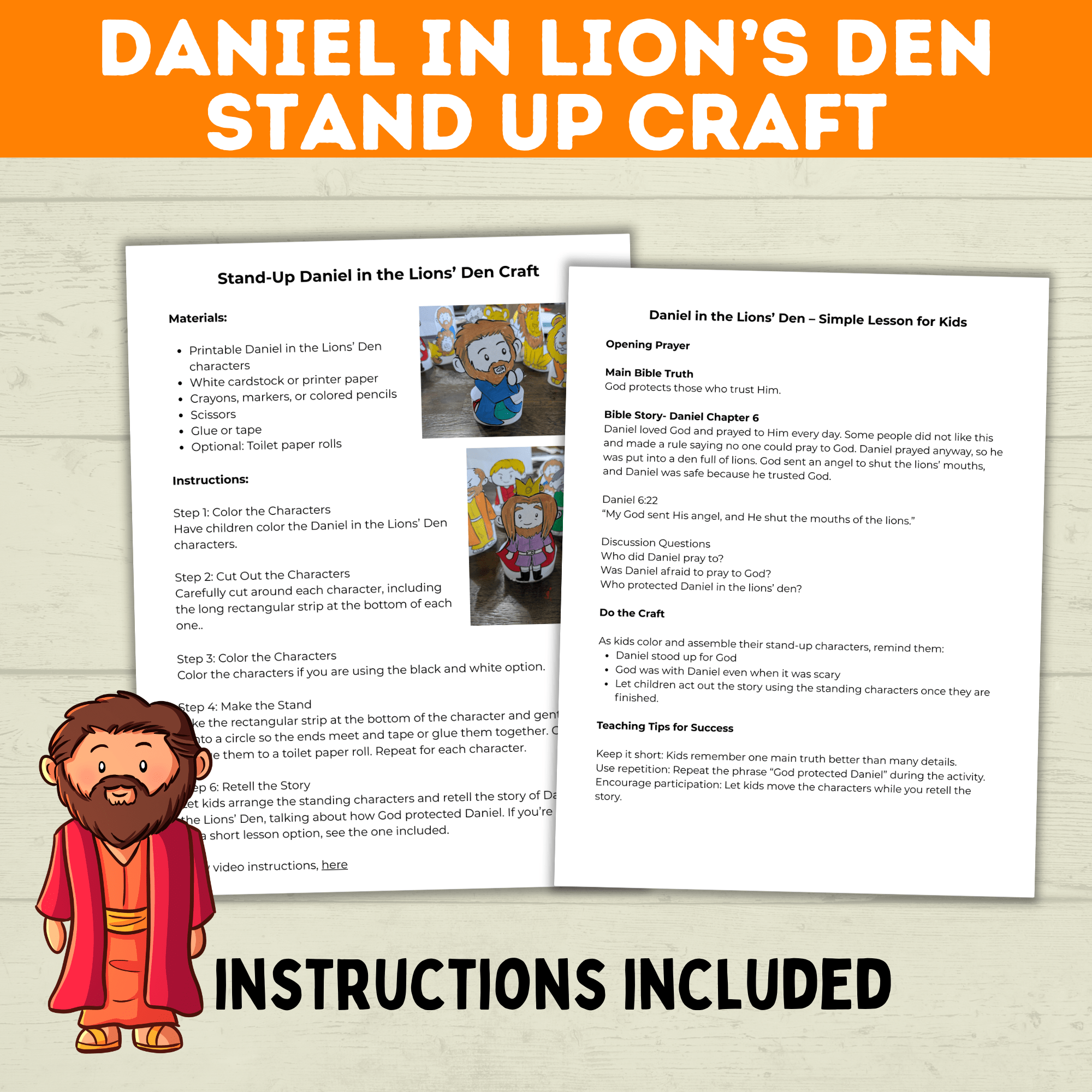 Bible Characters Daniel in the Lion's Den Craft for Kids, Sunday School Crafts, Bible Coloring Pages Lesson, Digital Download, PDF